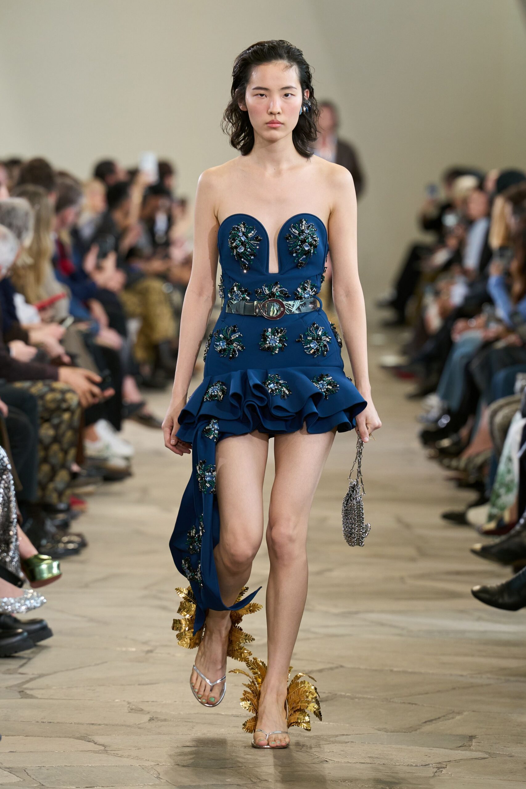 blue silk strapless fitted ruffled embellished mini dress