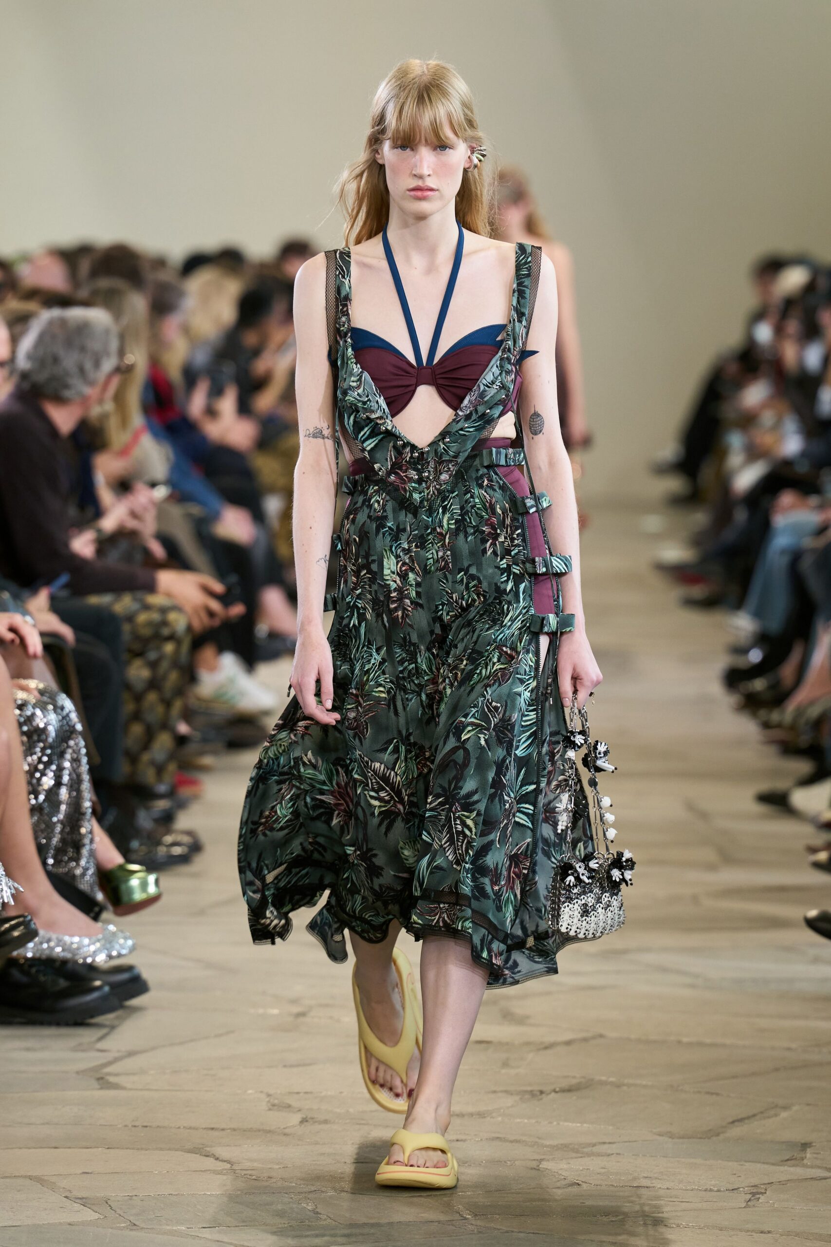 green silk sleeveless v-neck relaxed floral tiered dress
