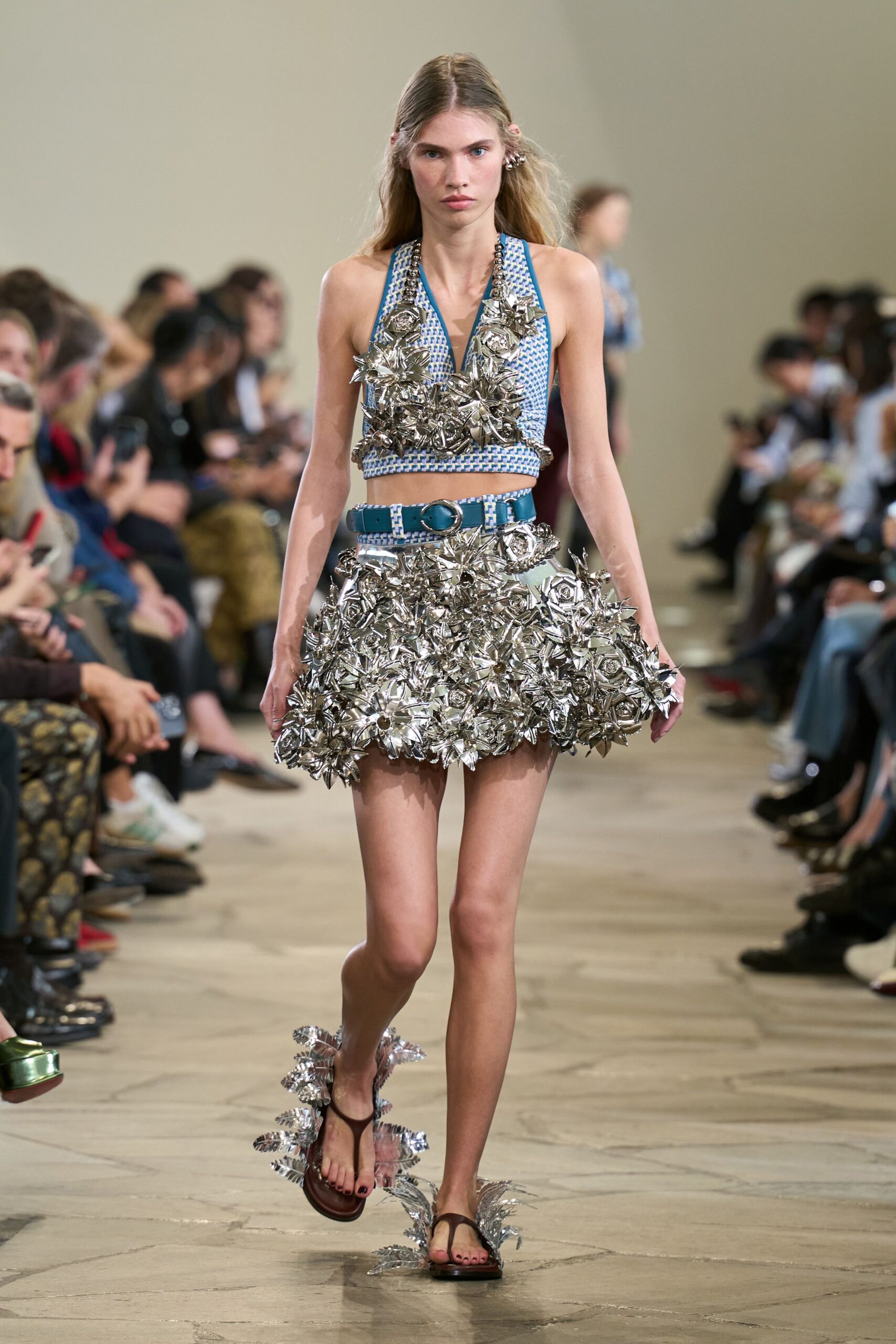 gray metallic fitted pleated tiered mini skirt