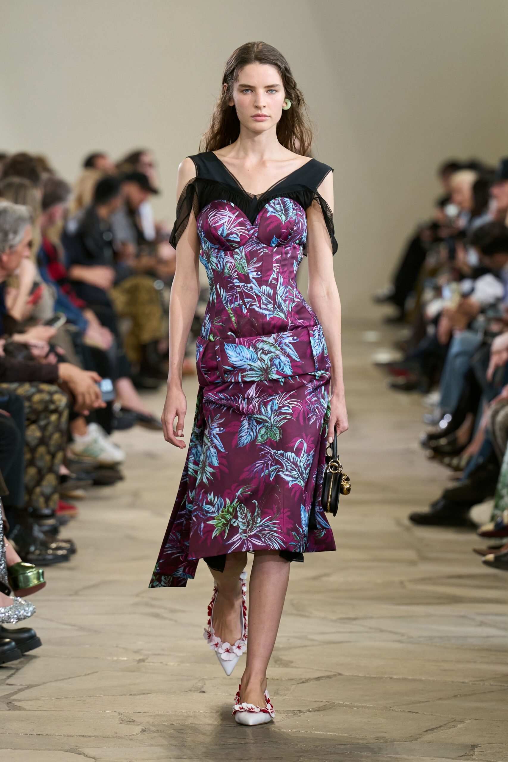 purple silk sleeveless off-shoulder fitted floral ruched dress