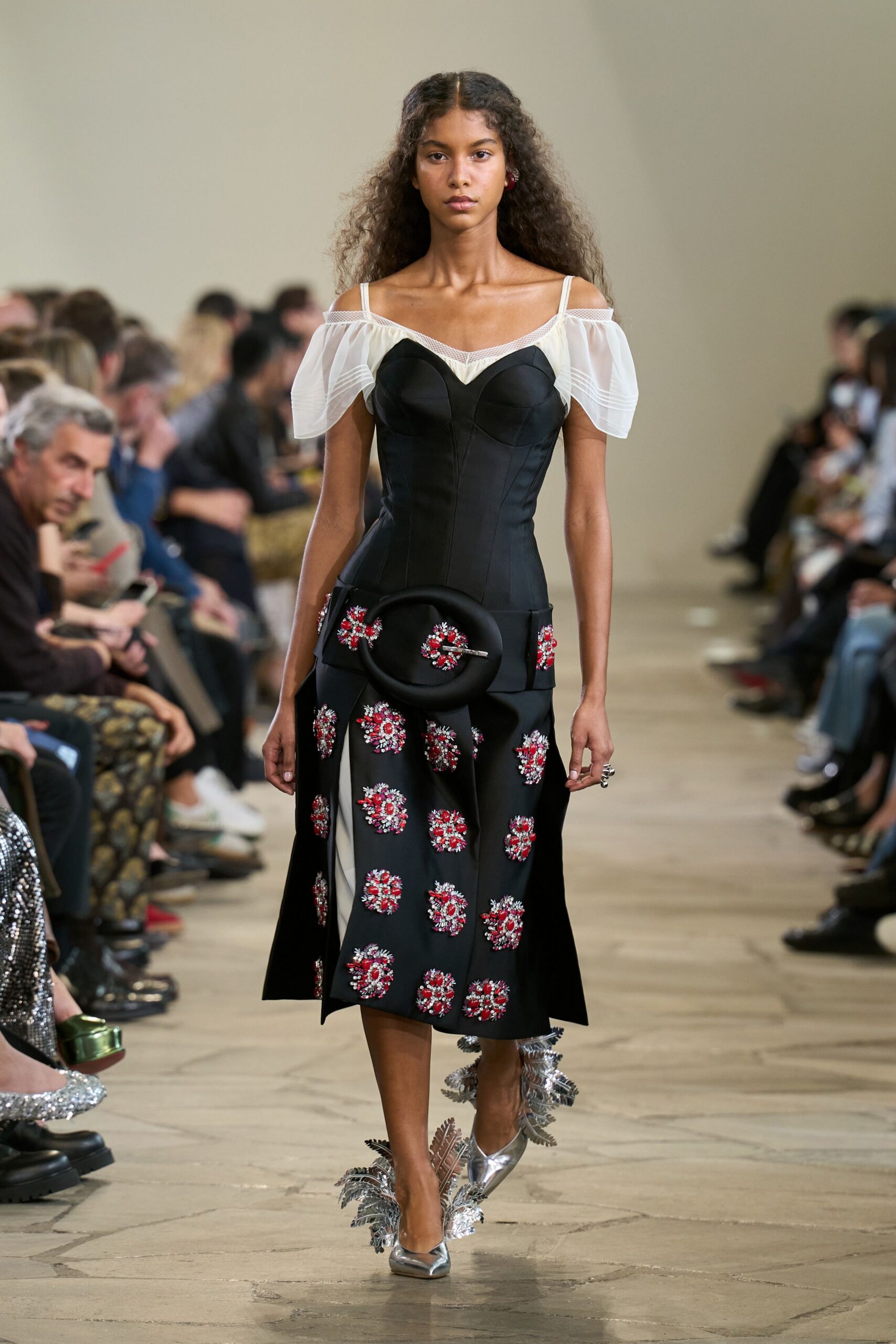 black cotton off-shoulder v-neck fitted embroidered tiered dress