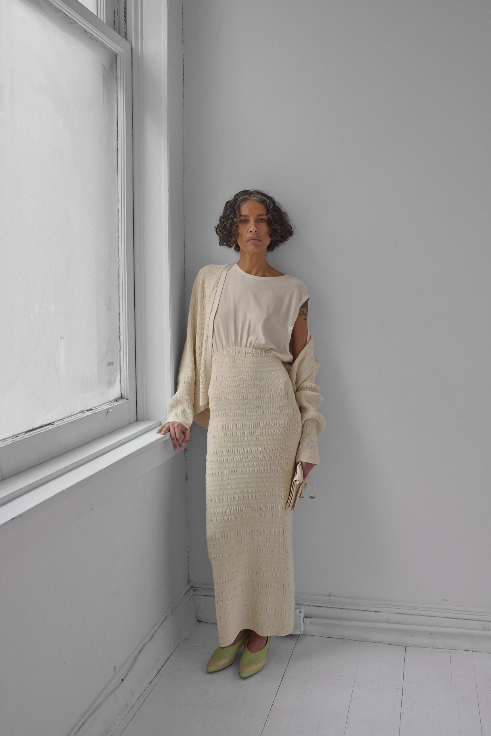 beige wool long-sleeve relaxed cardigan