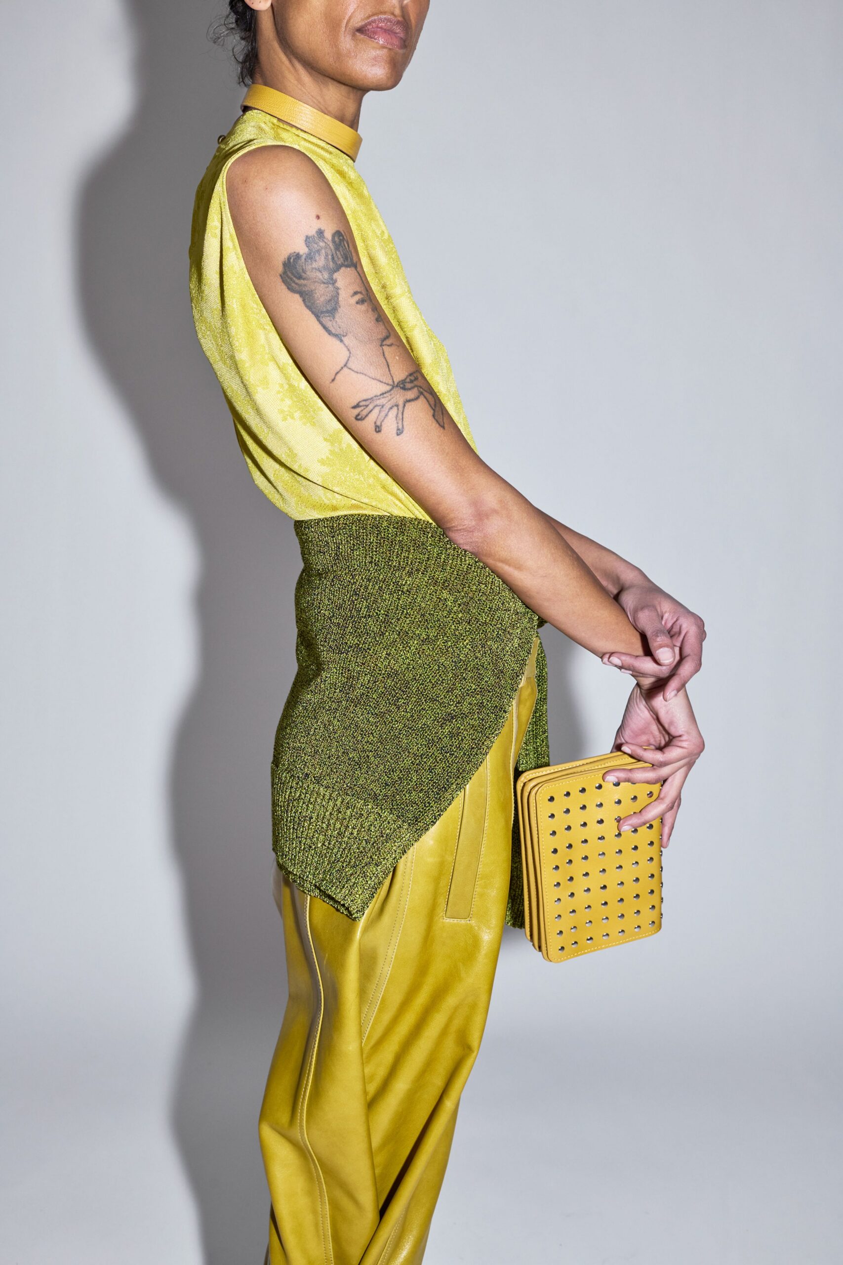 yellow silk sleeveless collared fitted top