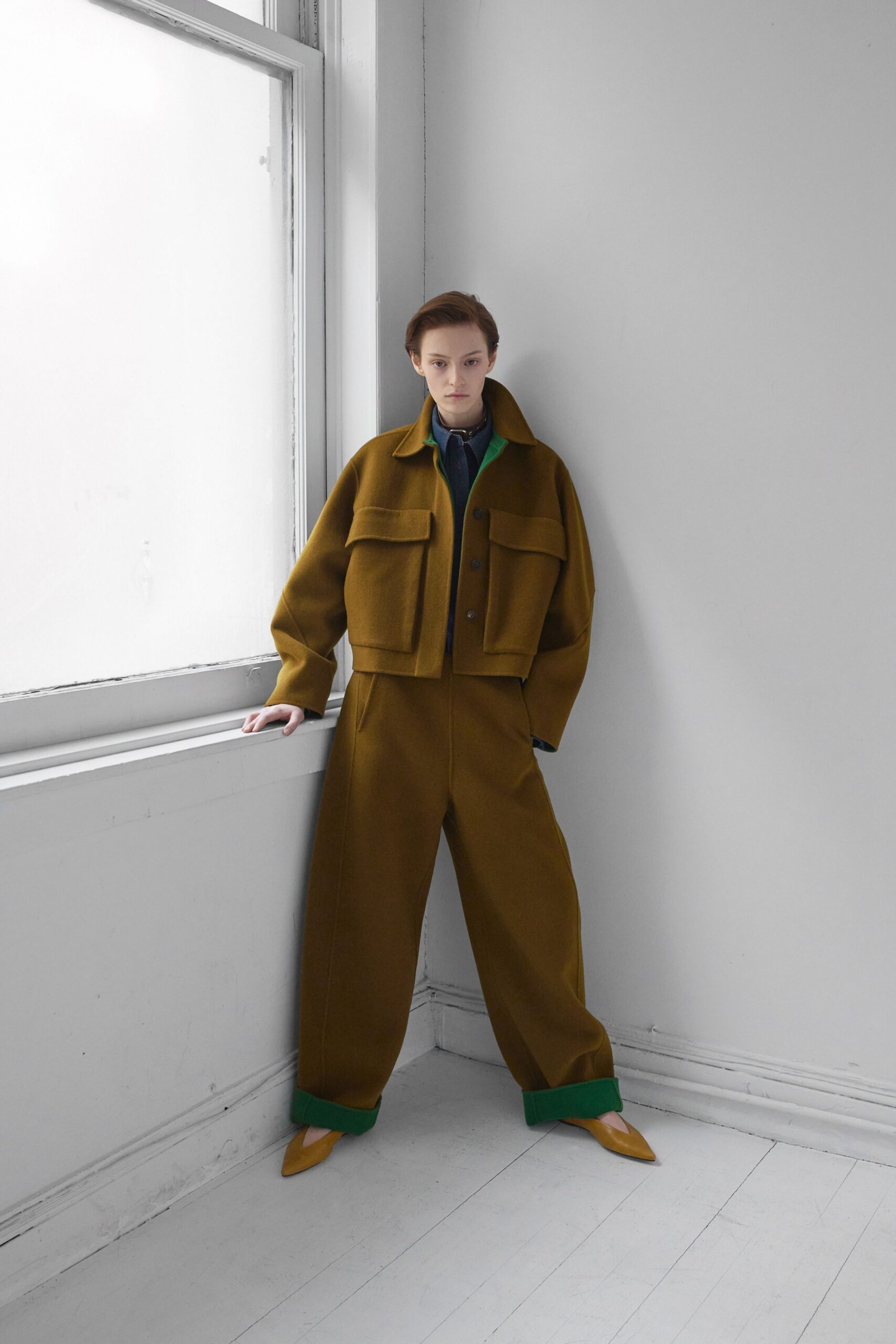 brown wool long-sleeve collared relaxed buttoned jacket