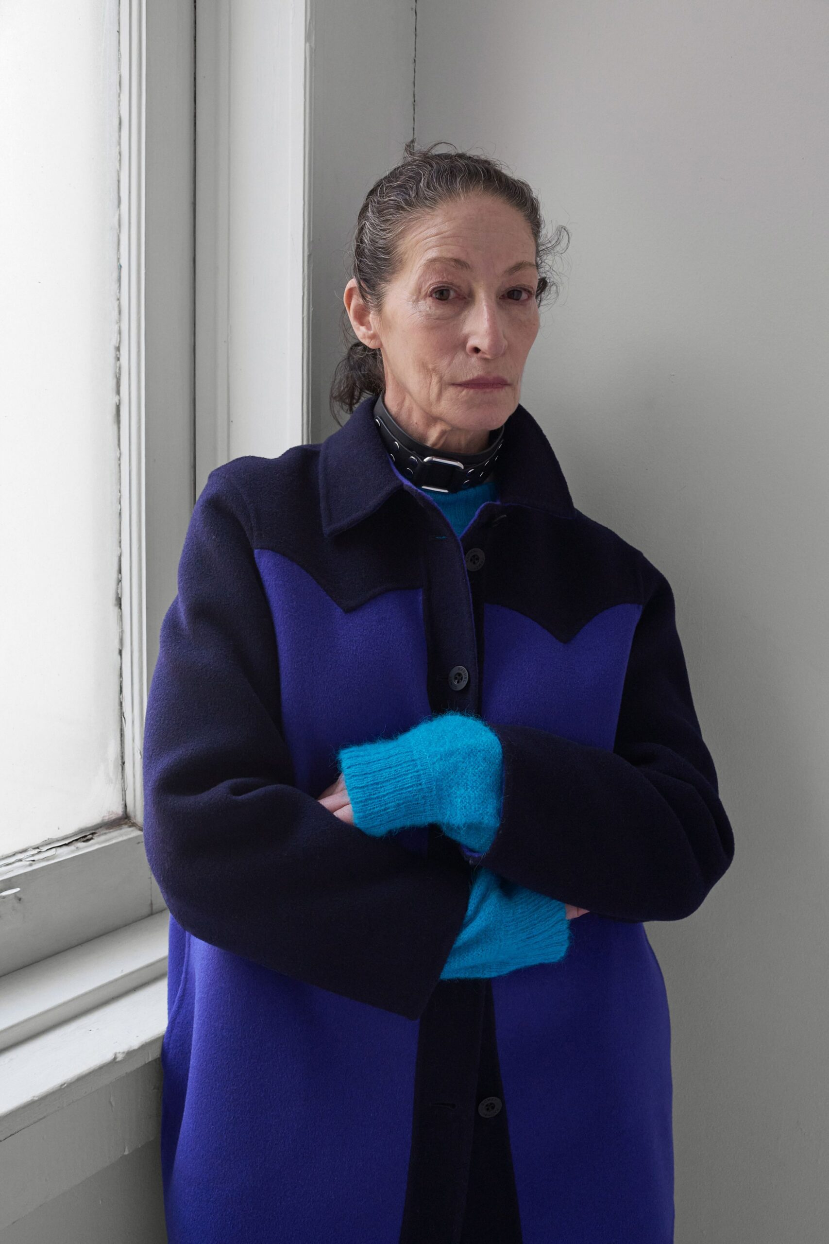 blue and purple wool coat with sweater