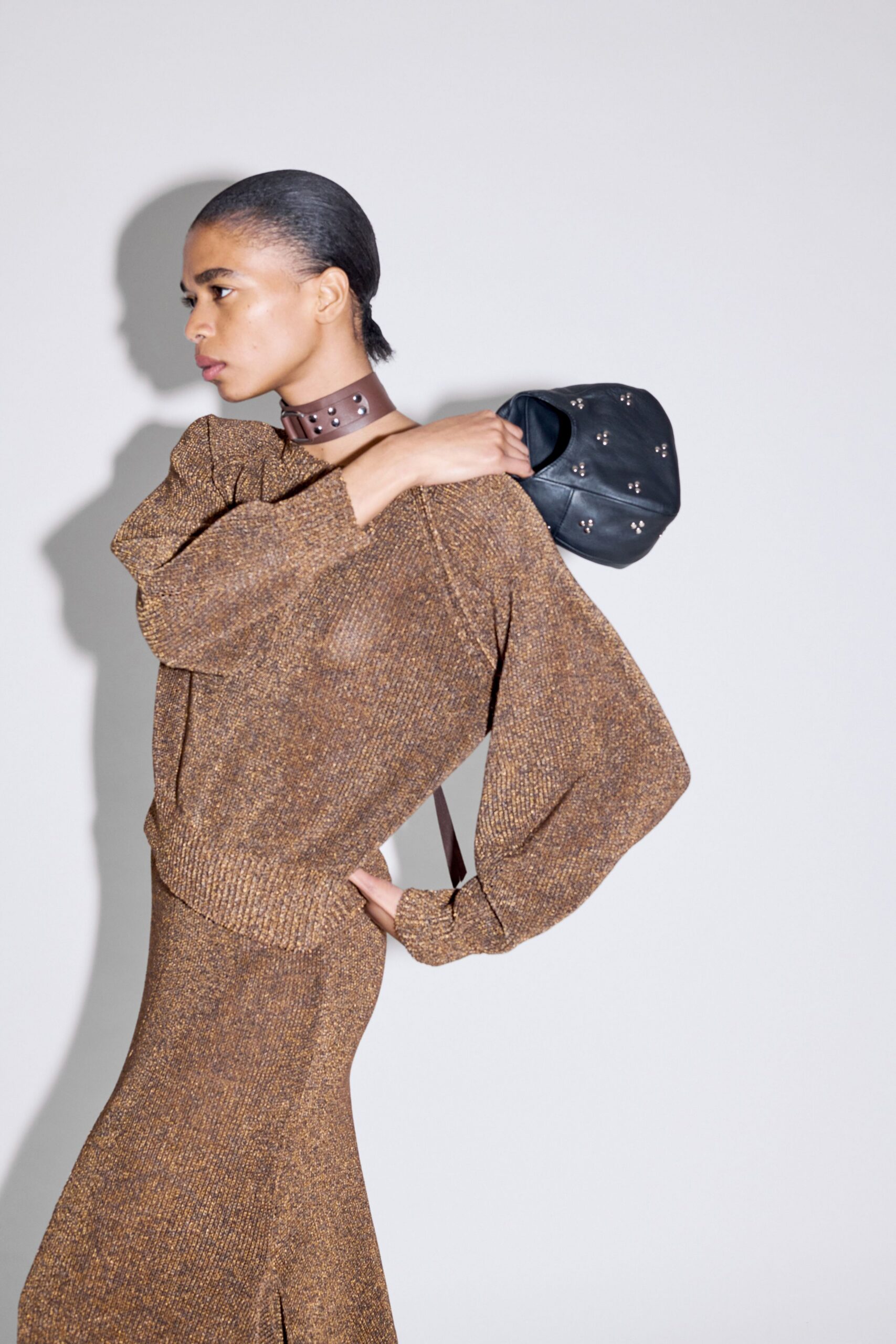 brown knit fitted straight-leg midi skirt