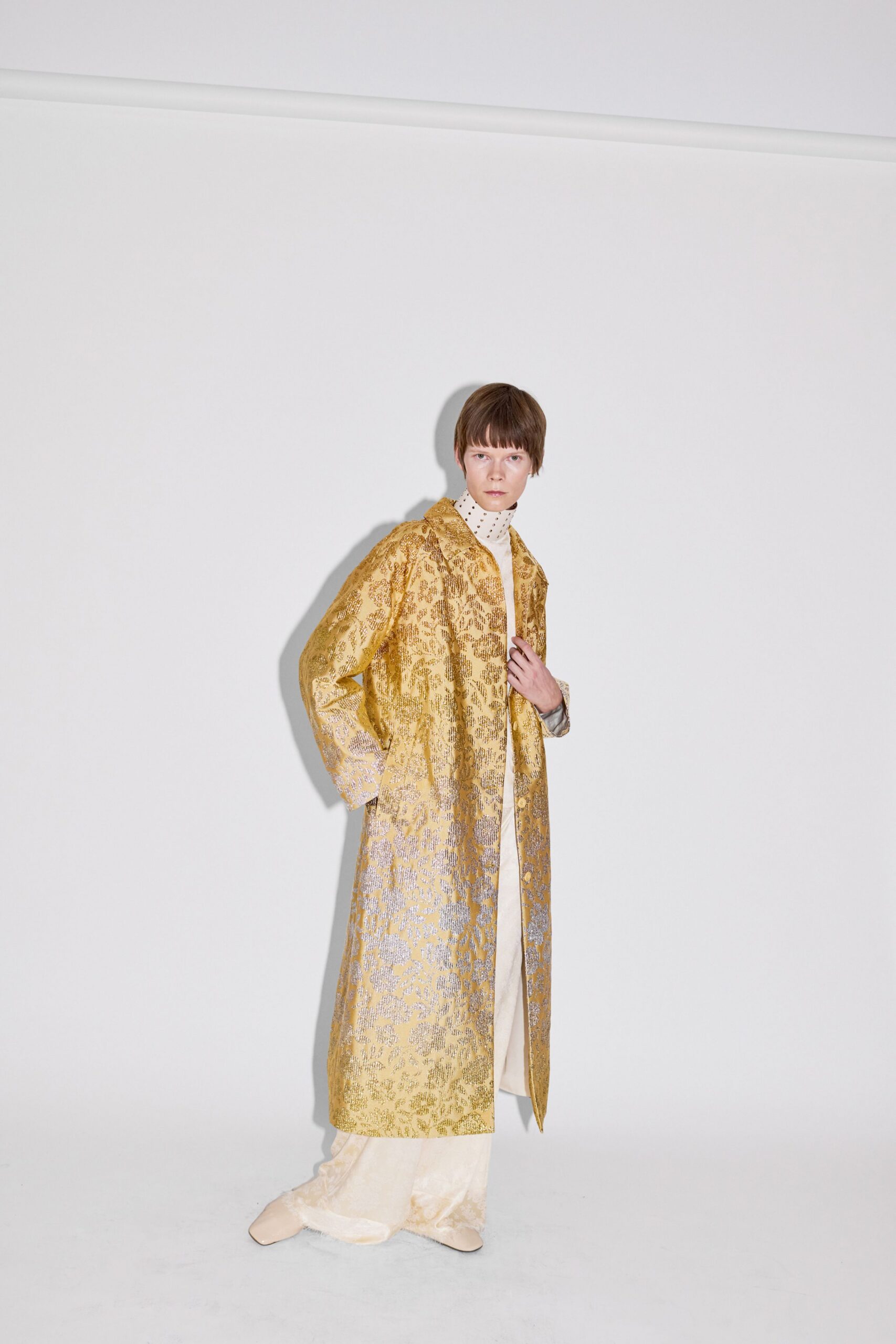 gold silk long-sleeve collared relaxed embroidered shiny coat