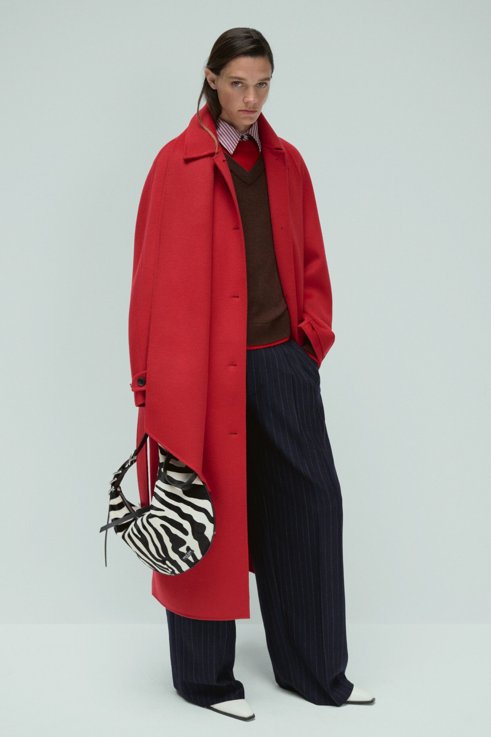red long-sleeve collared oversized coat