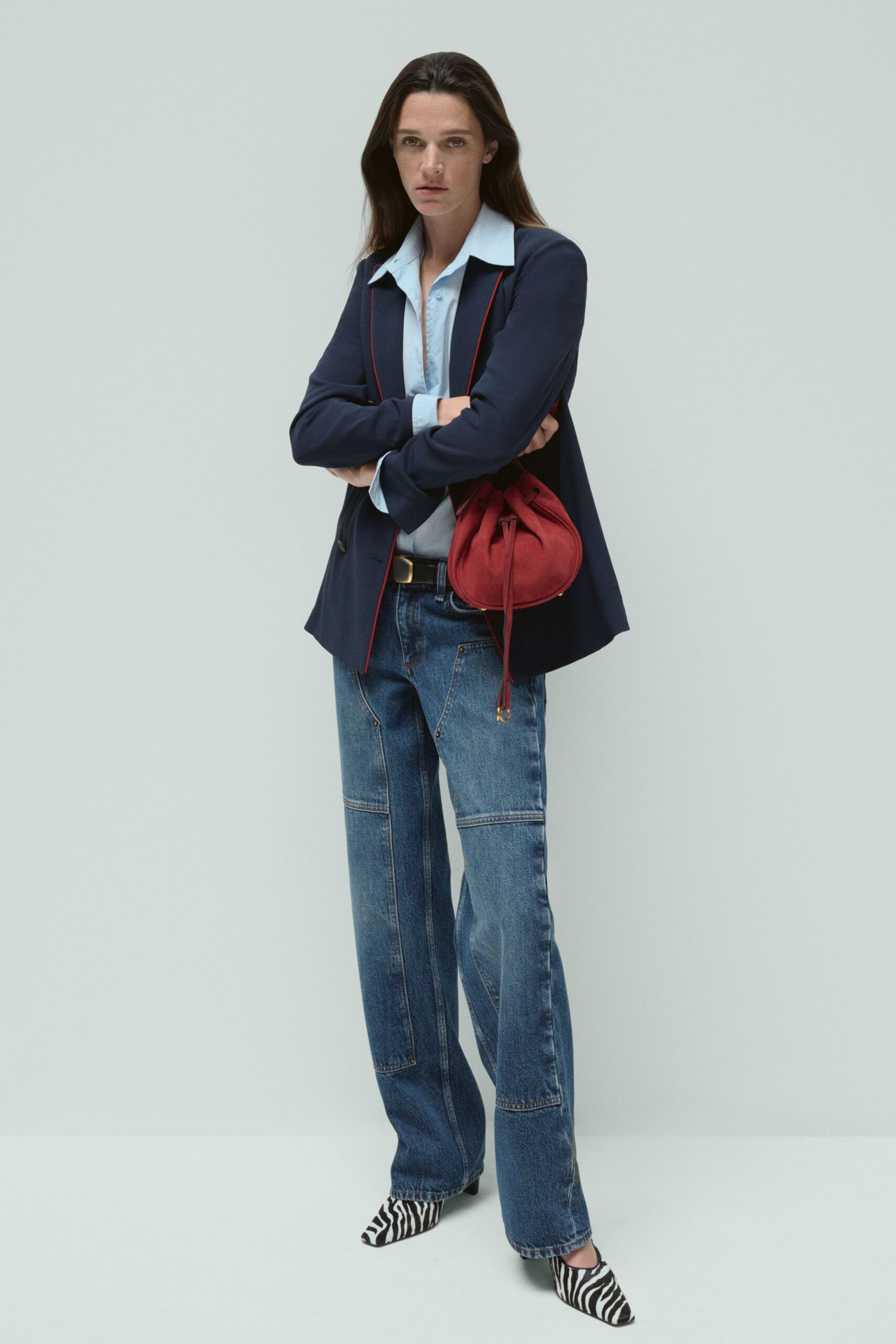 blue tailored blazer with jeans