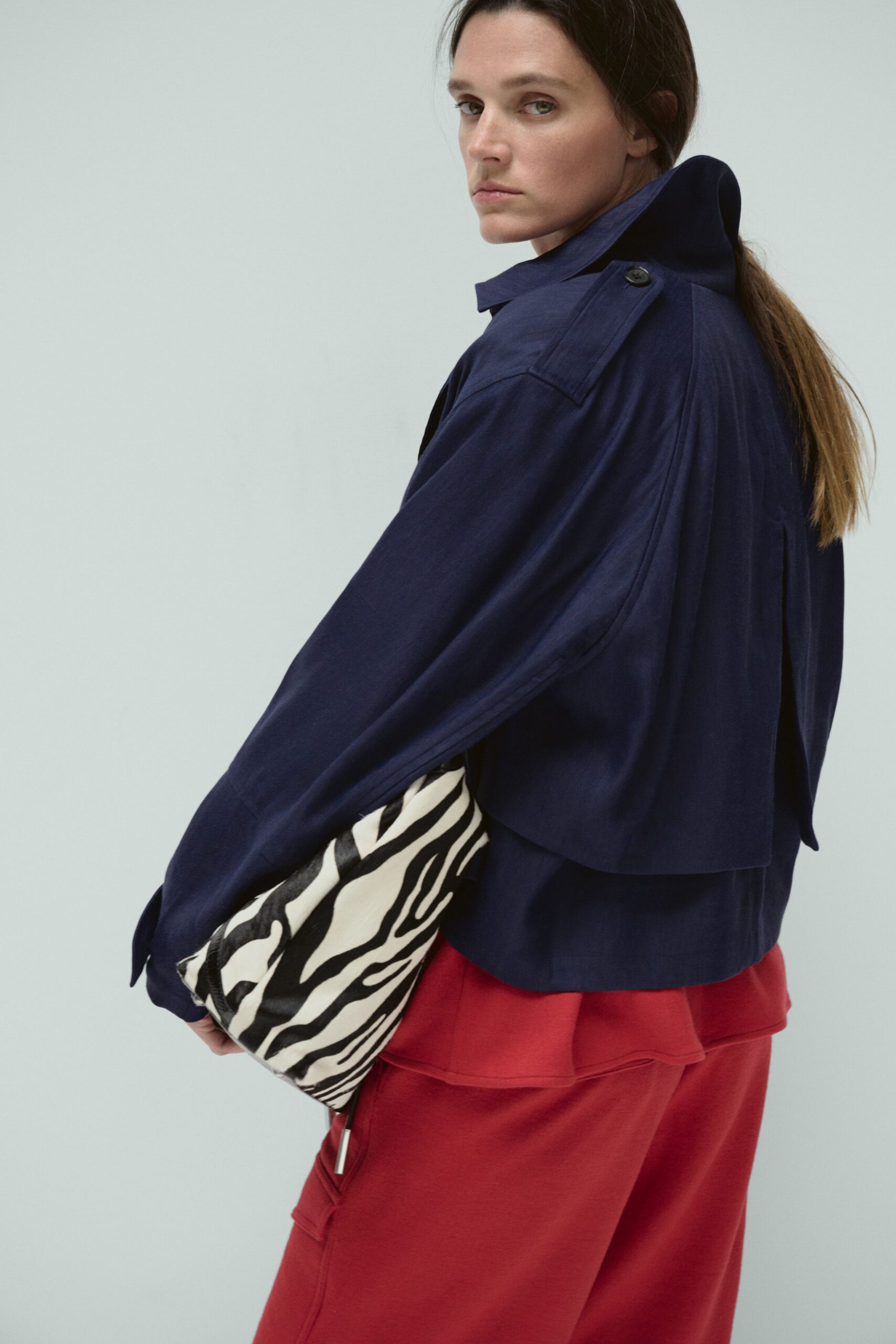 blue cotton long-sleeve collared oversized jacket