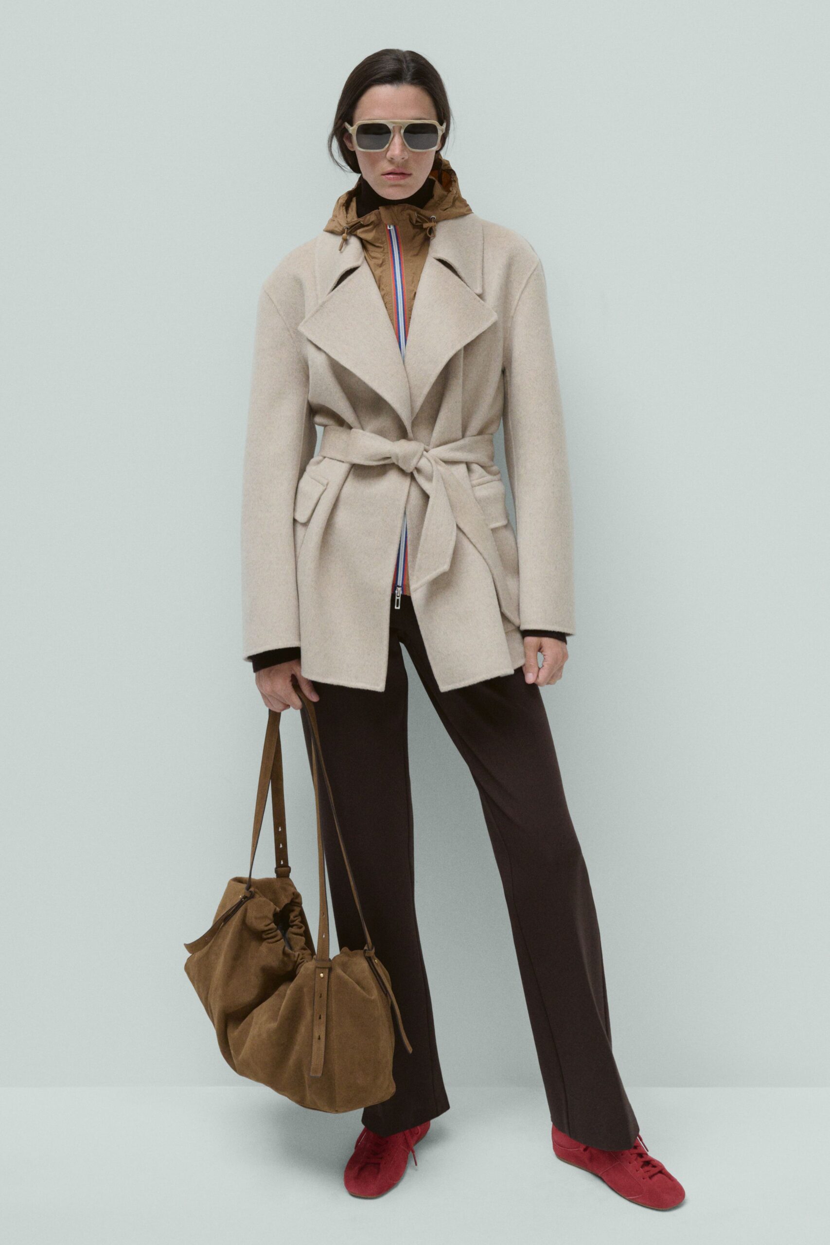 beige wool long-sleeve collared relaxed belted coat