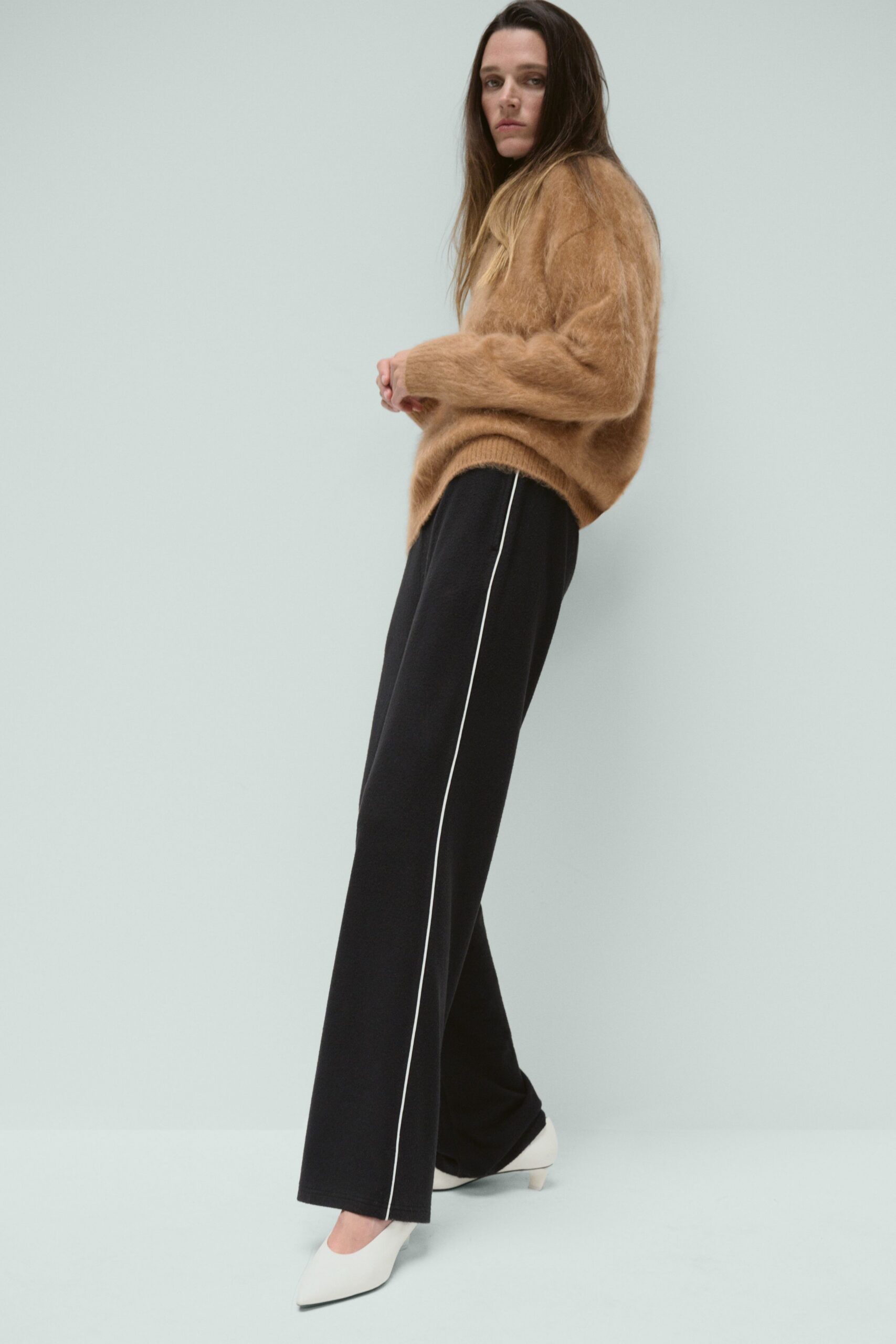 brown wool long-sleeve collared relaxed textured sweater