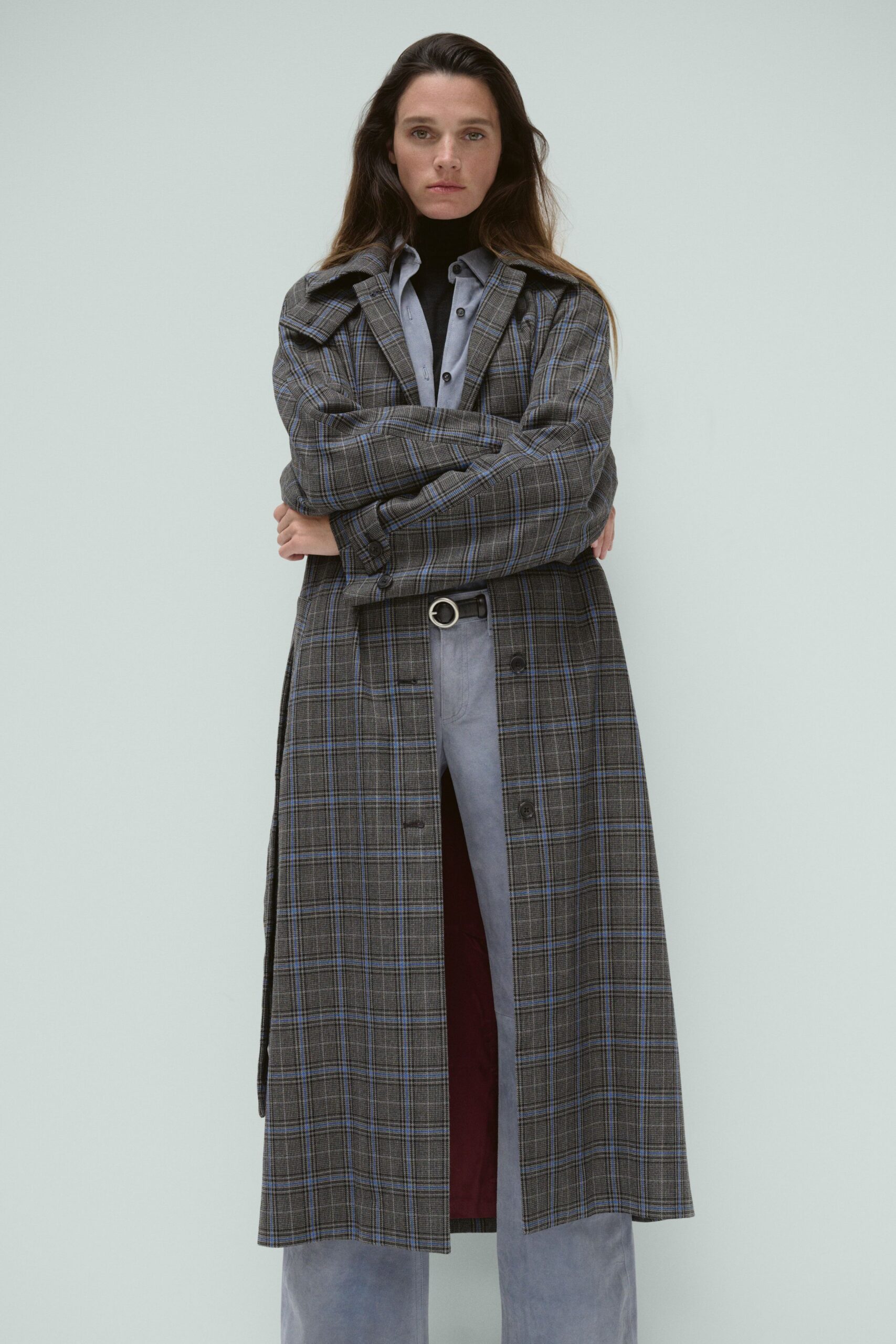 gray cotton long-sleeve collared relaxed checked maxi coat
