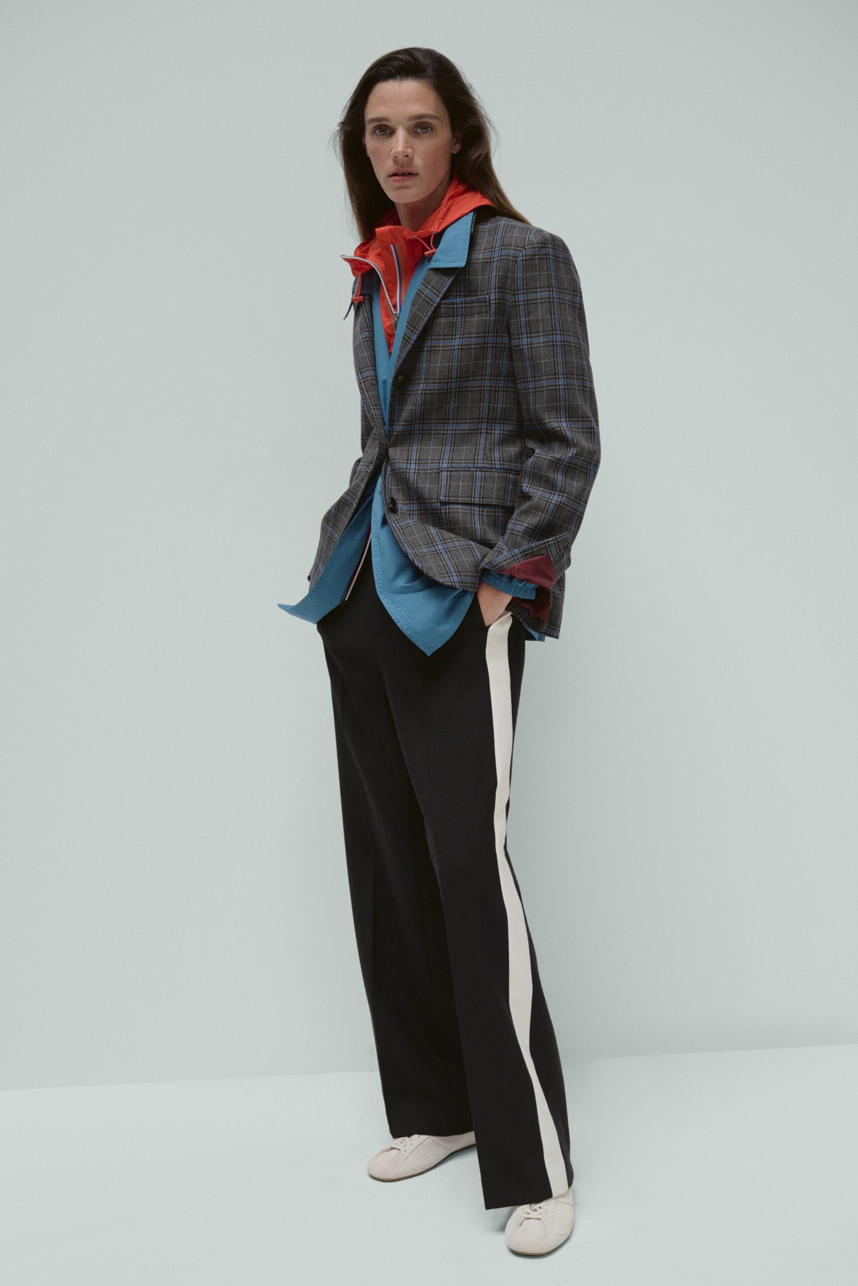 gray checked blazer with hoodie