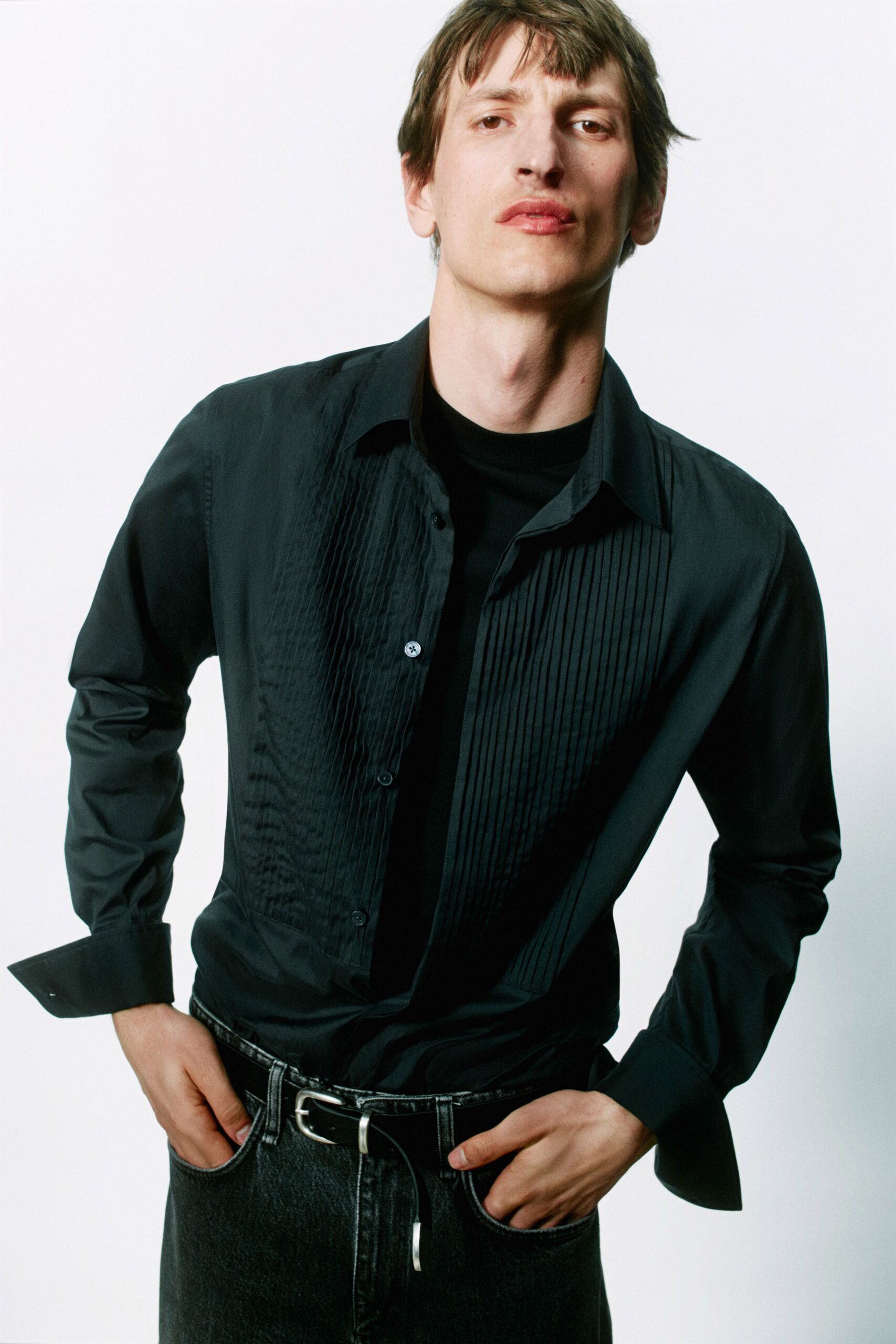 black fitted shirt and pants