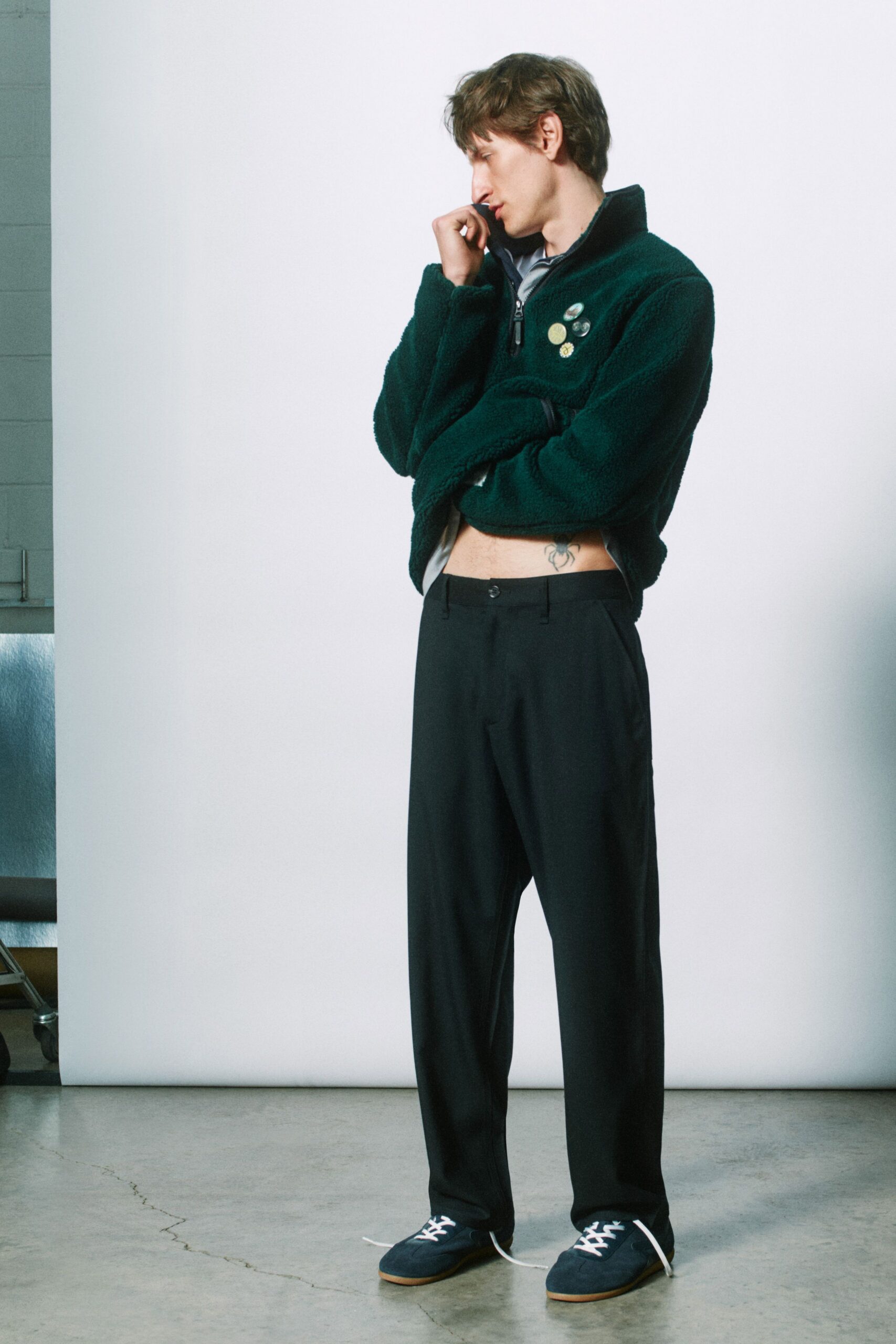 green faux-fur long-sleeve collared relaxed zippered jacket