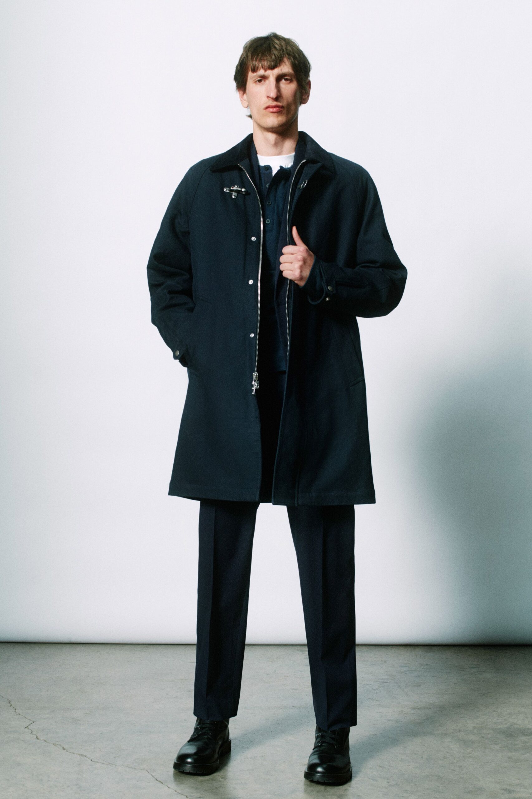 black coat with white shirt