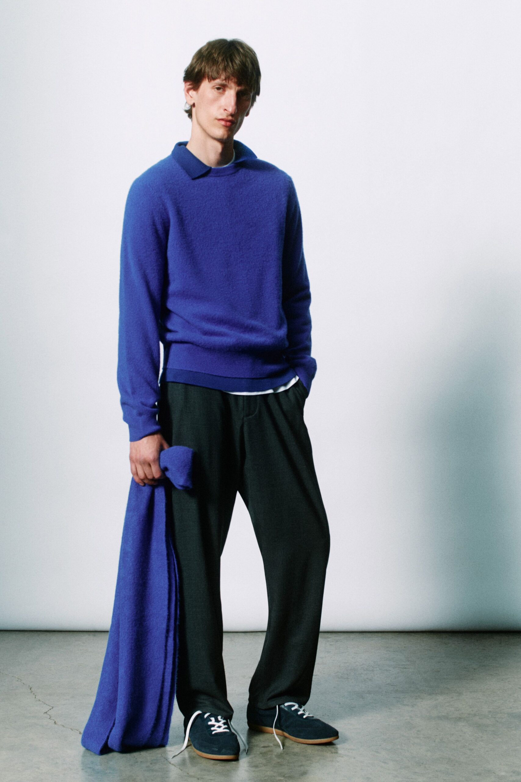 purple wool long-sleeve collared relaxed sweater