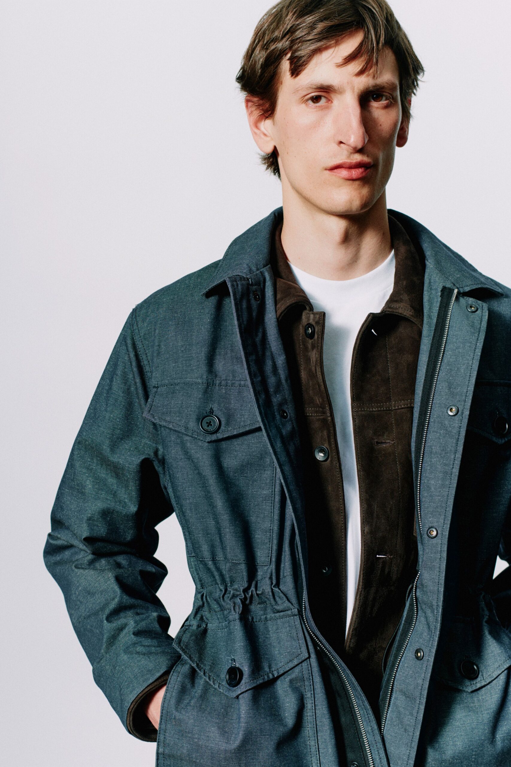 blue cotton long-sleeve collared relaxed zippered pockets jacket