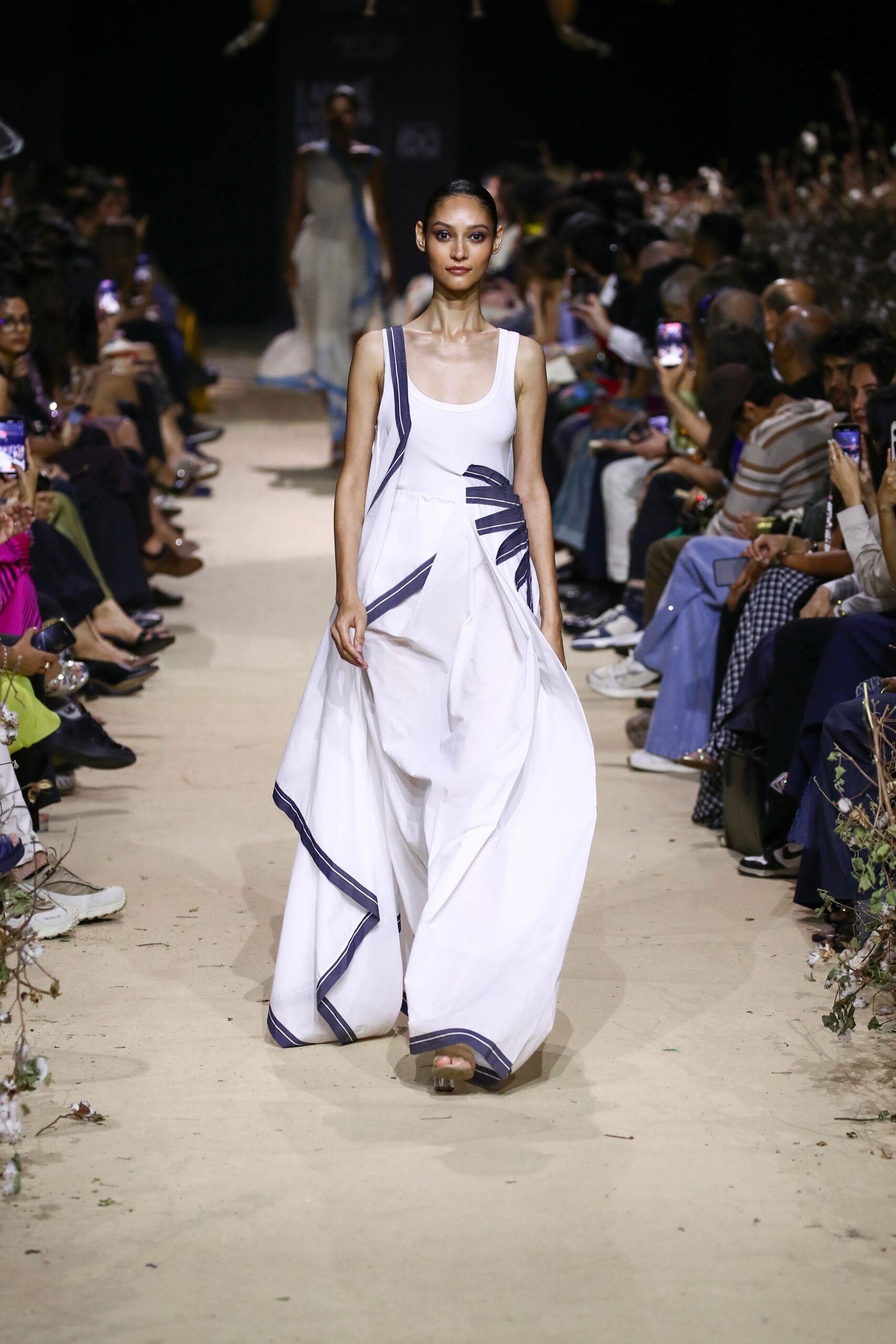 white cotton sleeveless v-neck fitted layered maxi gown