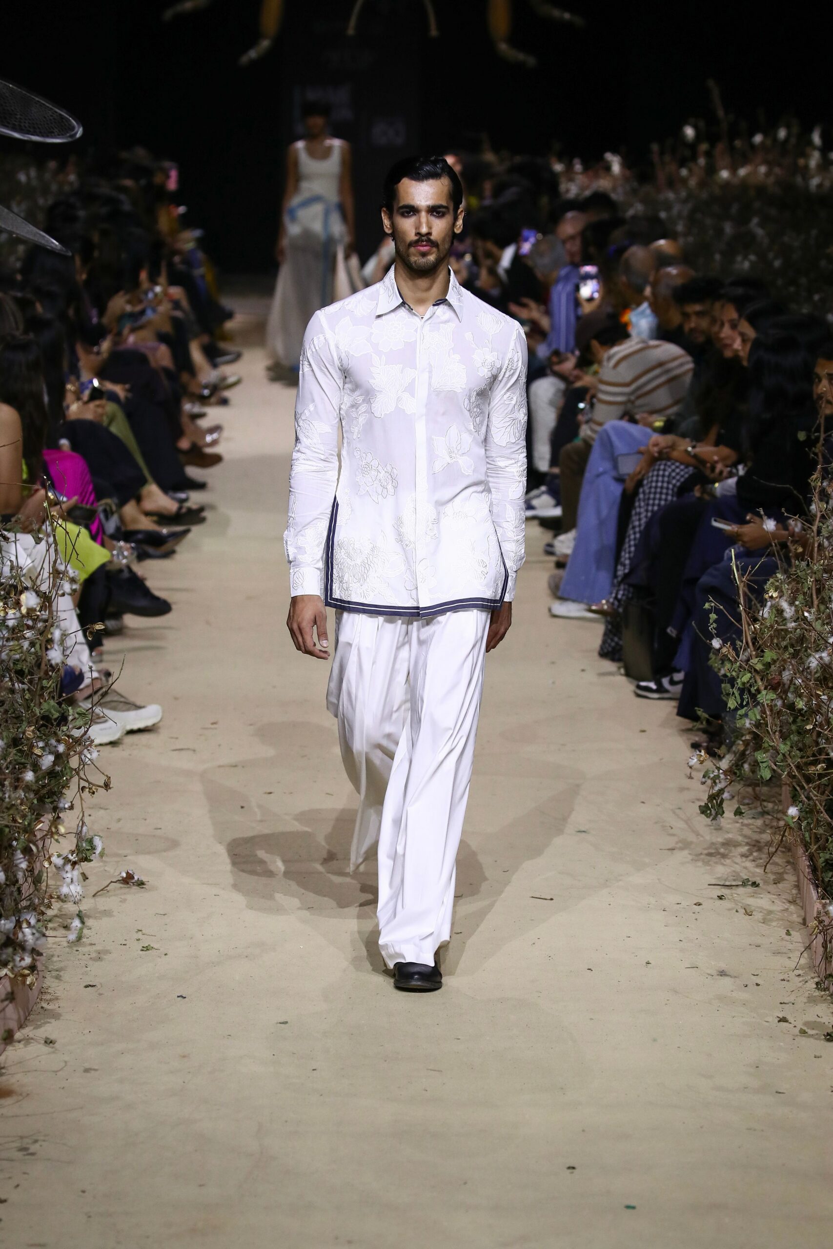 white cotton long-sleeve collared fitted embroidered shirt