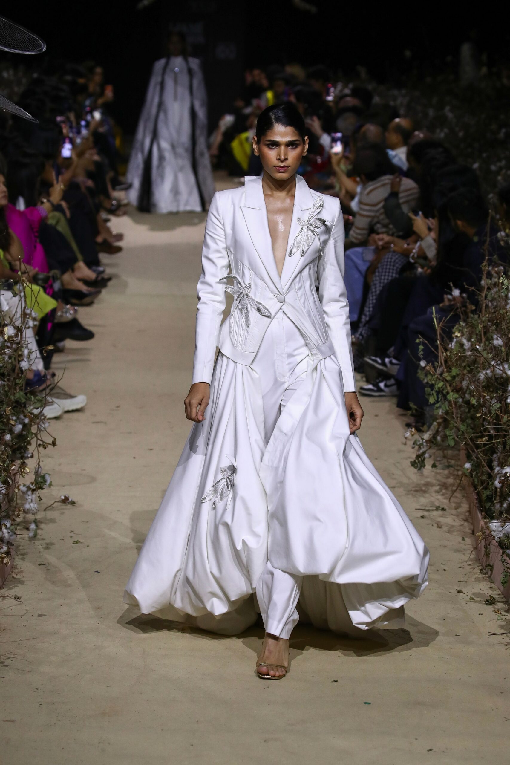 white silk long-sleeve v-neck fitted pleated embroidered gown