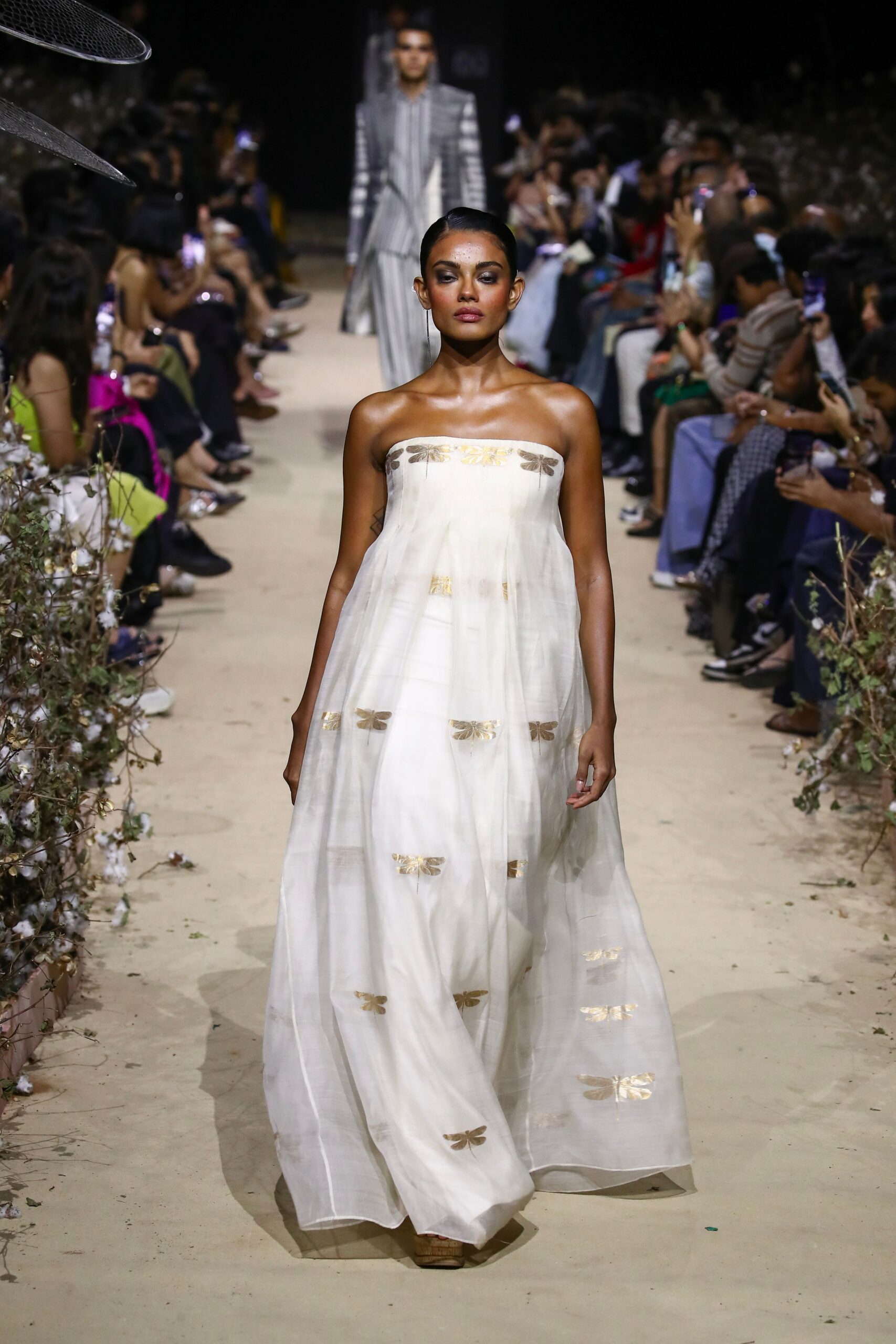 white silk strapless fitted embroidered maxi gown
