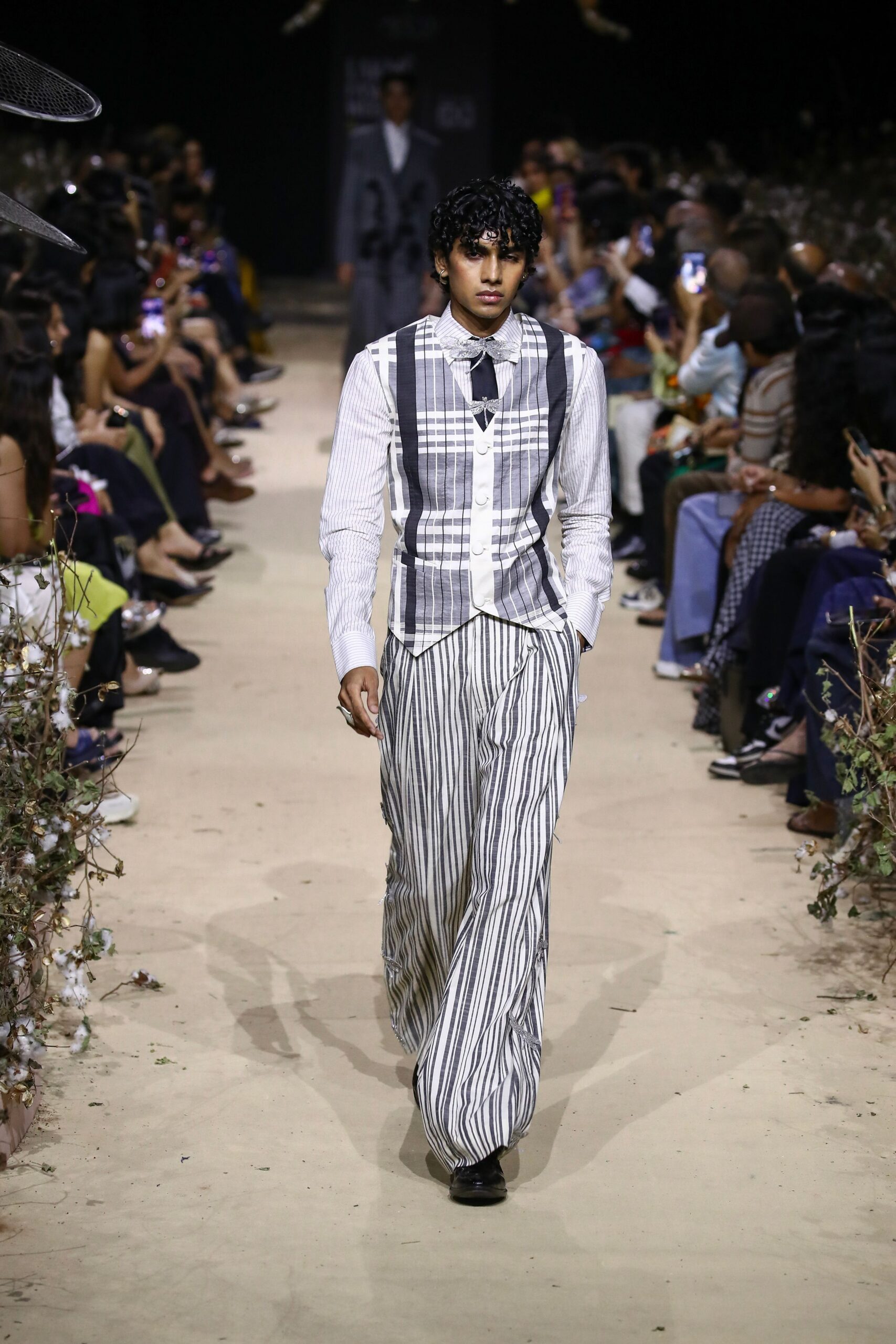 white cotton long-sleeve collared fitted checked buttoned vest