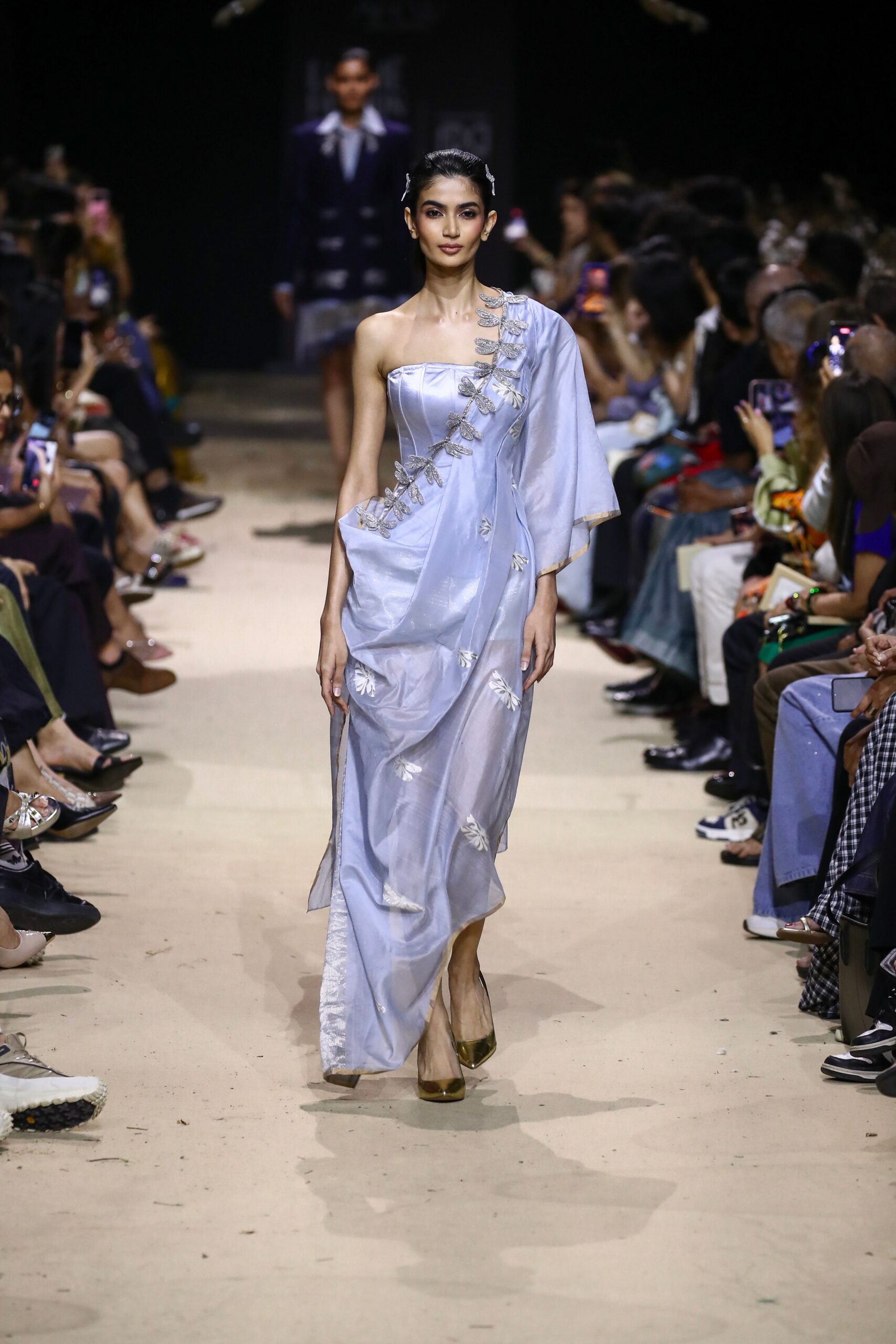 blue silk sleeveless off-shoulder fitted embroidered flowing gown
