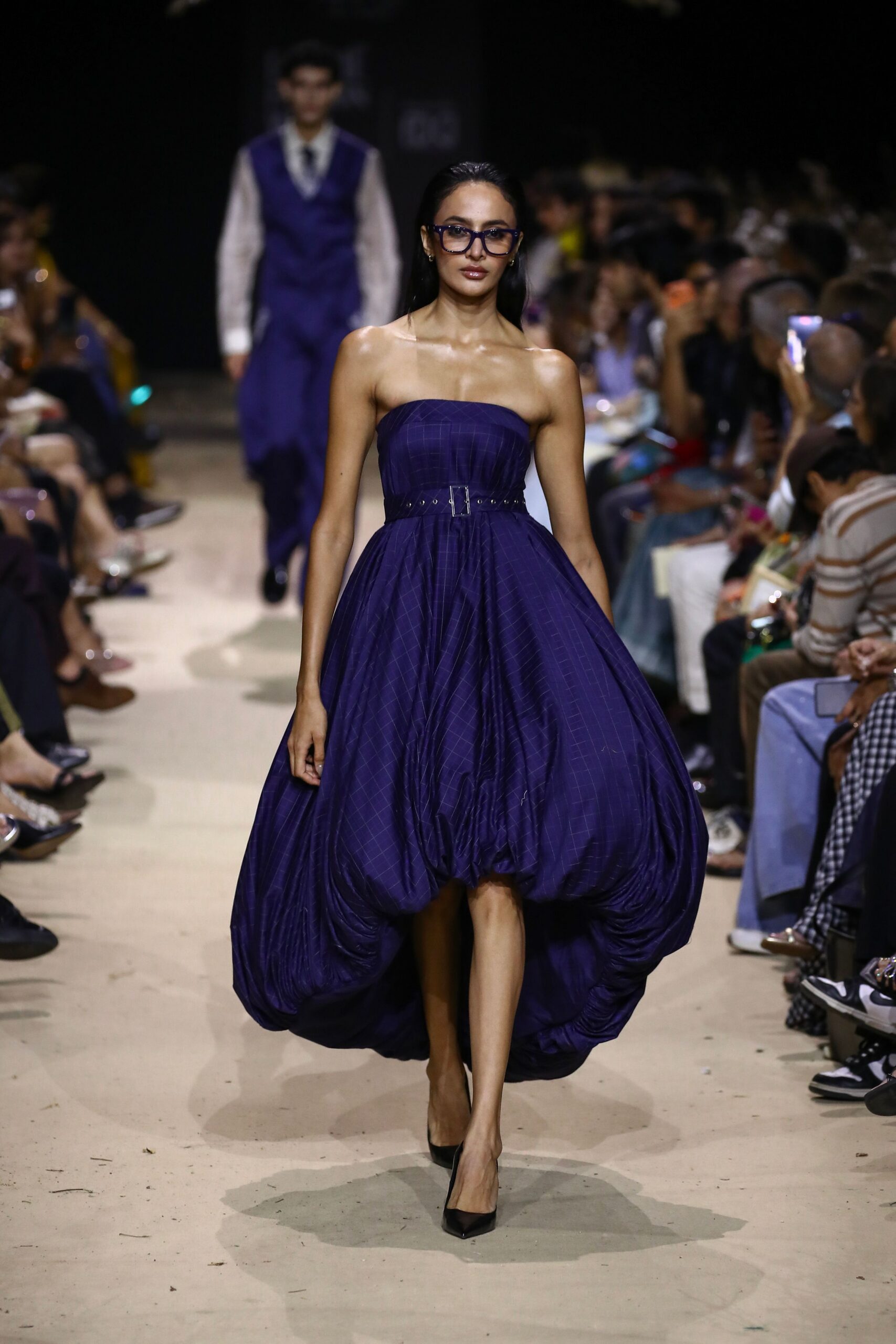 purple silk strapless asymmetric fitted pleated belted dress