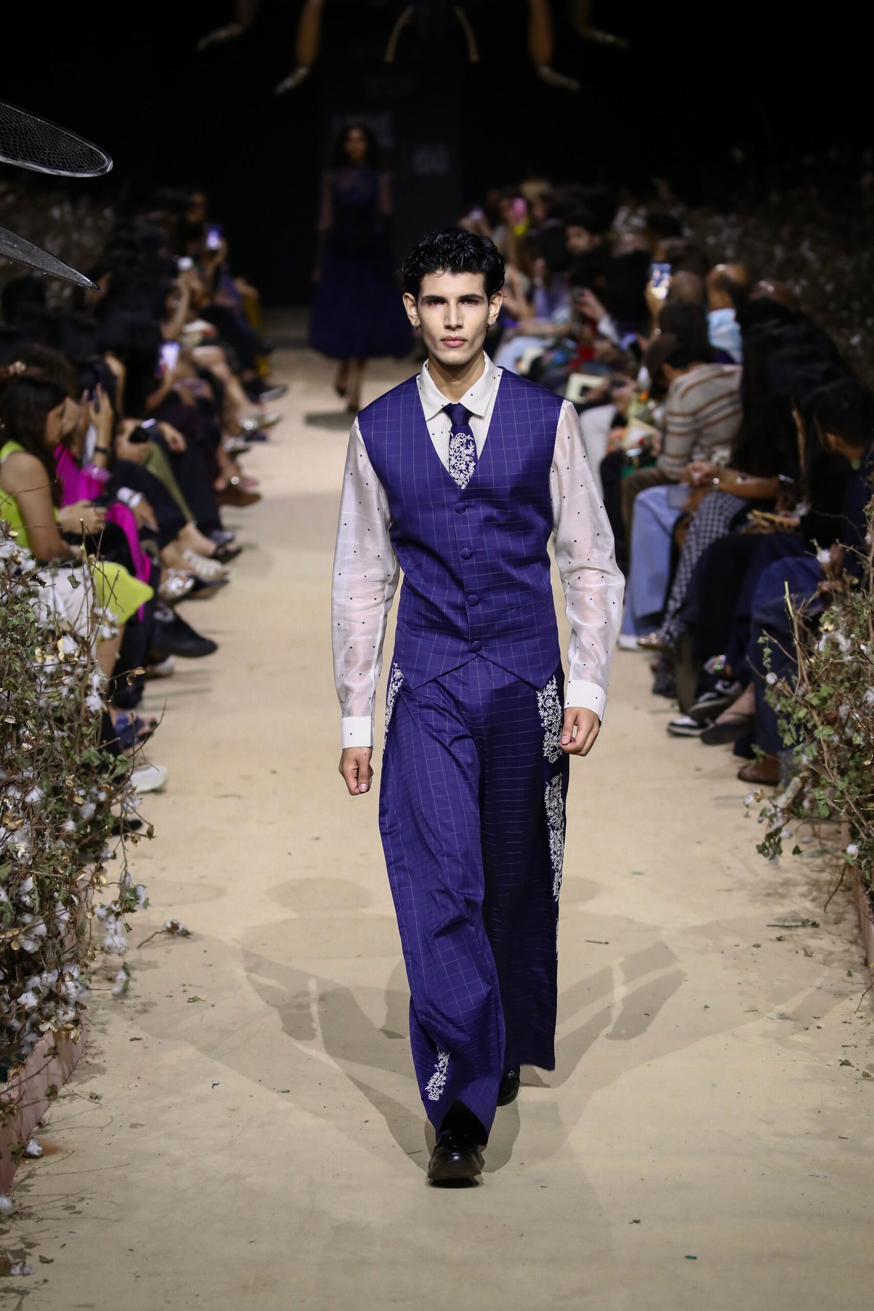blue cotton long-sleeve collared tailored buttoned embroidered suit