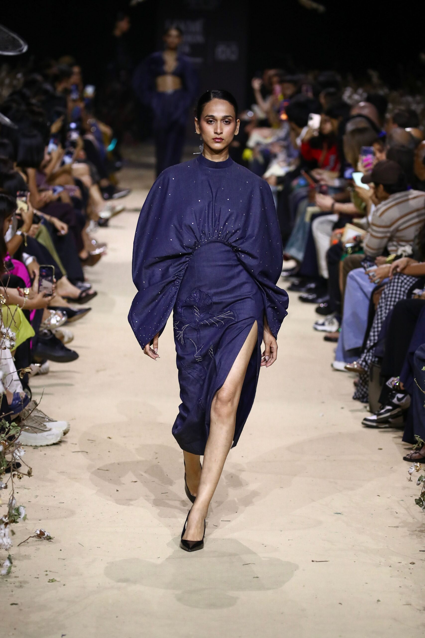 blue silk long-sleeve high-neck fitted draped midi dress