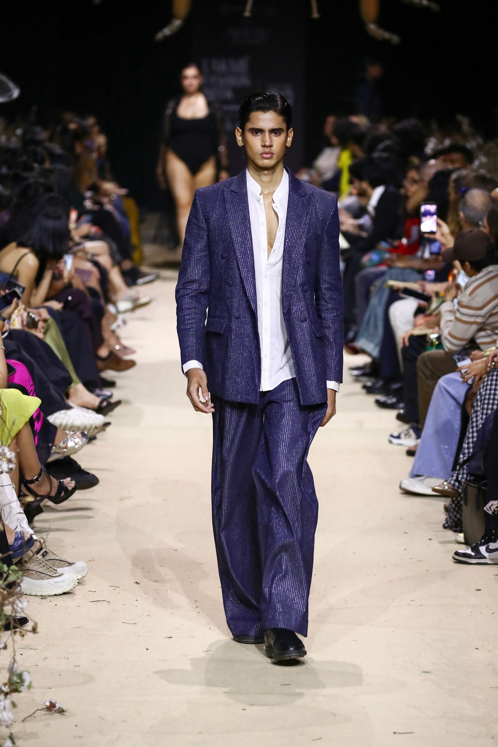 blue silk tailored wide-leg pants