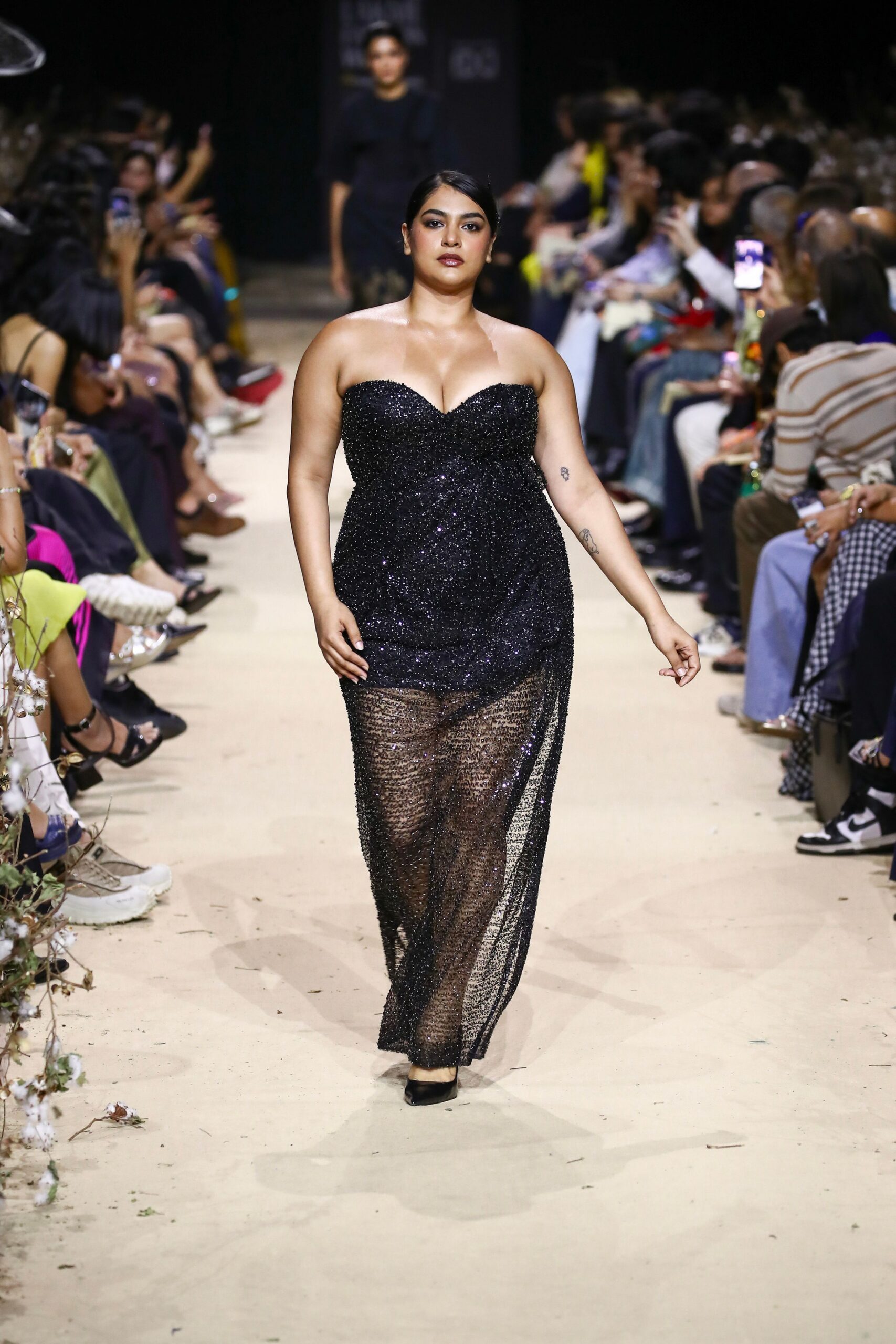 black strapless fitted sequined layered sheer maxi gown