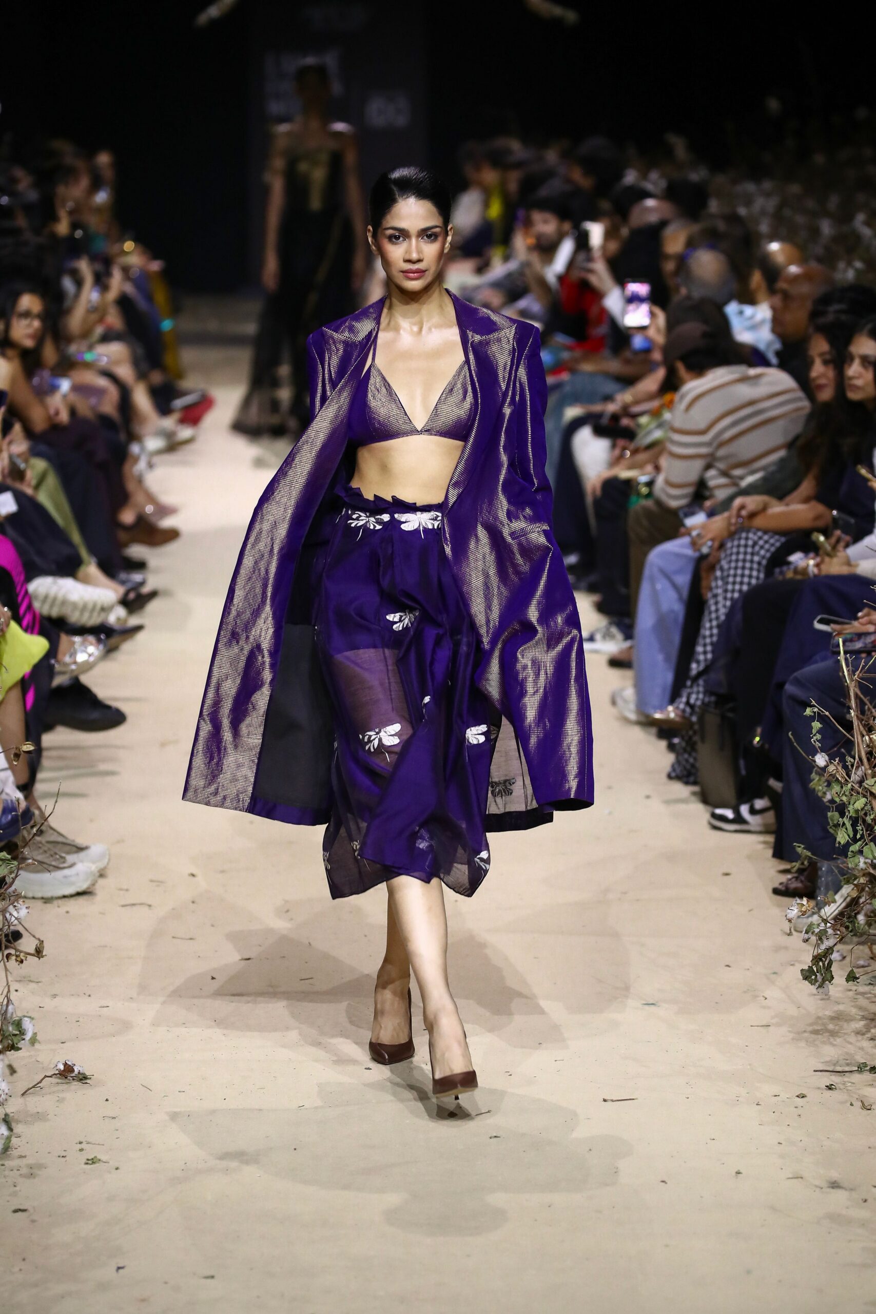 purple silk long-sleeve collared structured layered shiny coat