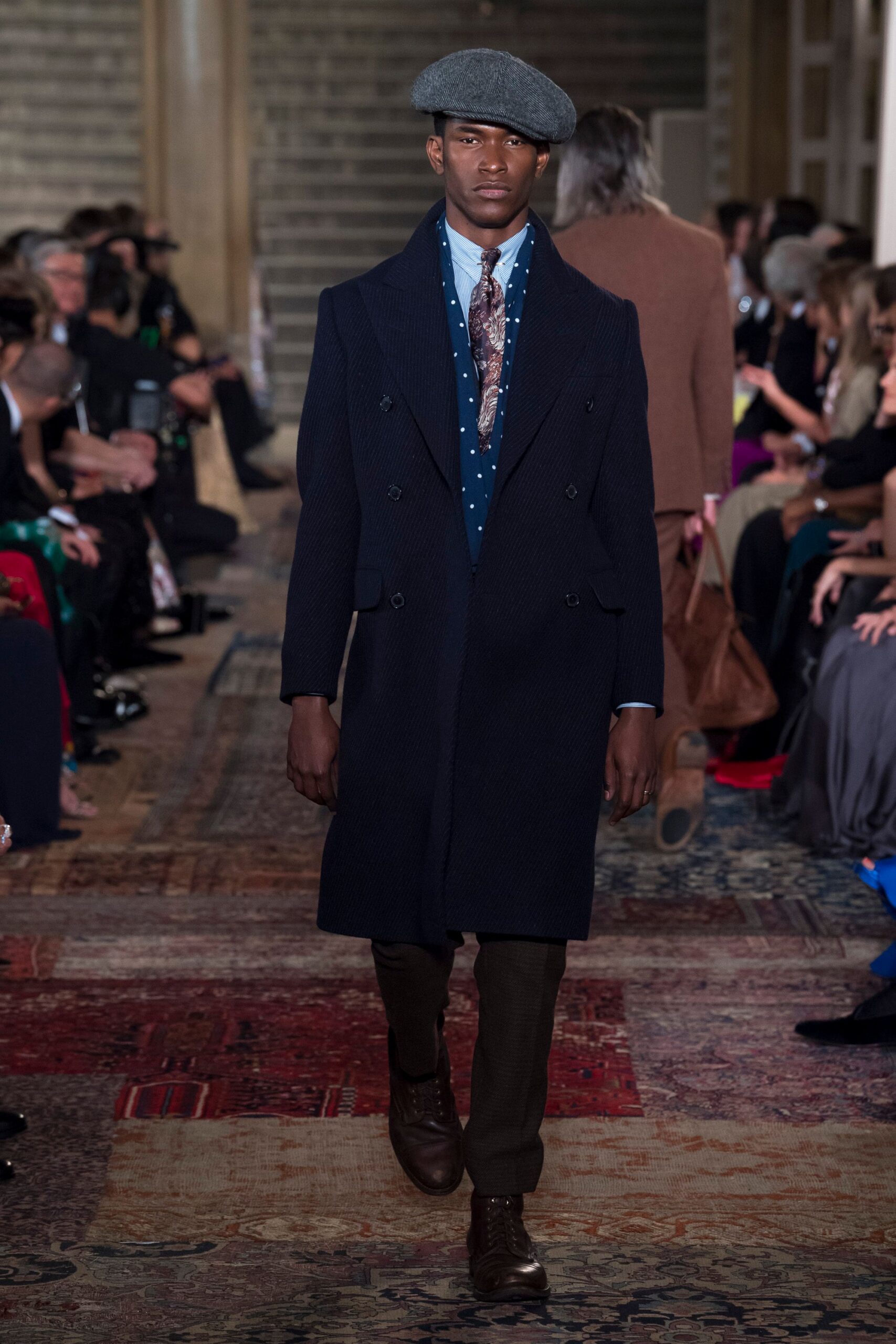 blue wool long-sleeve double-breasted structured coat