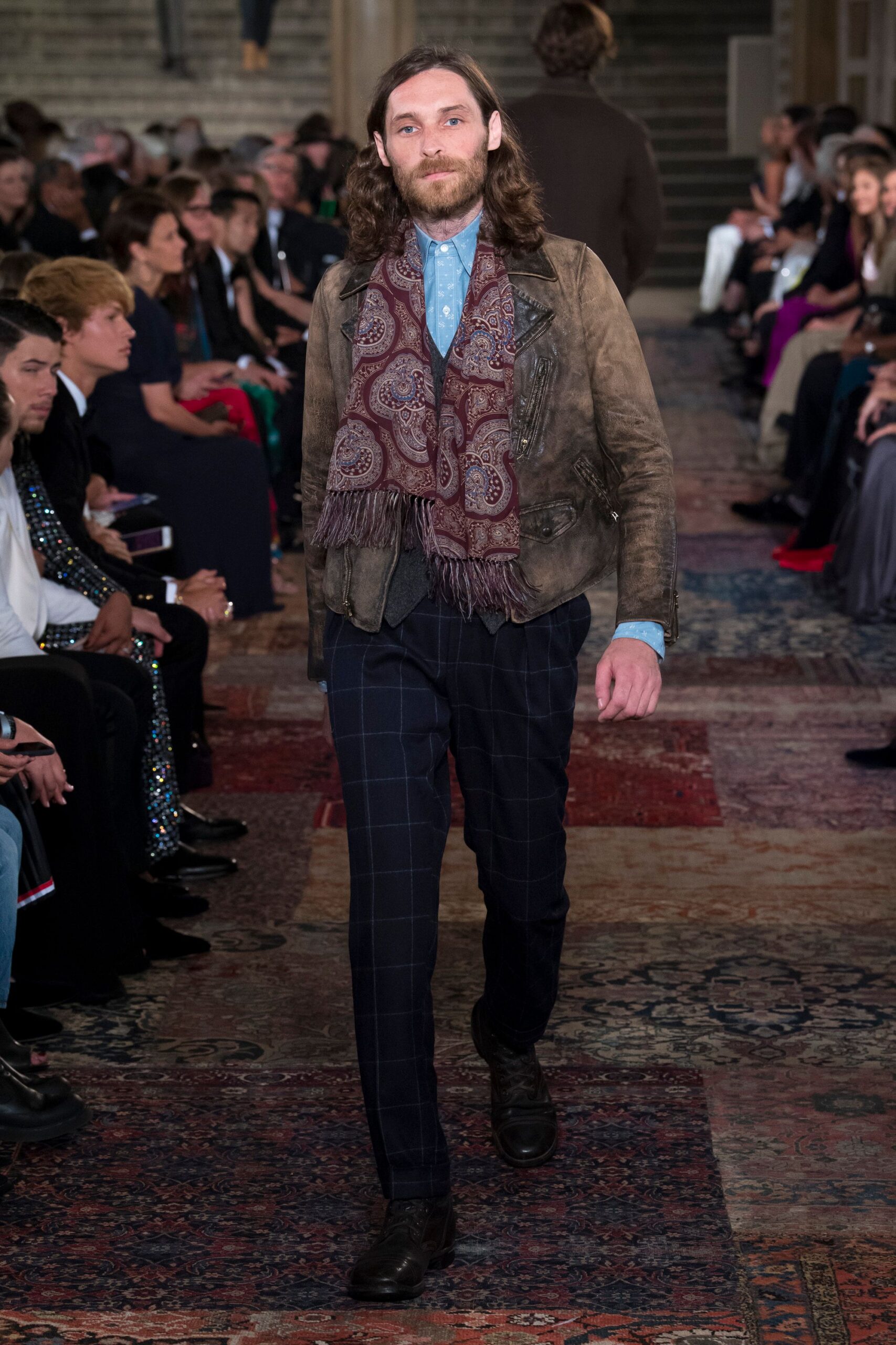 brown leather jacket with scarf