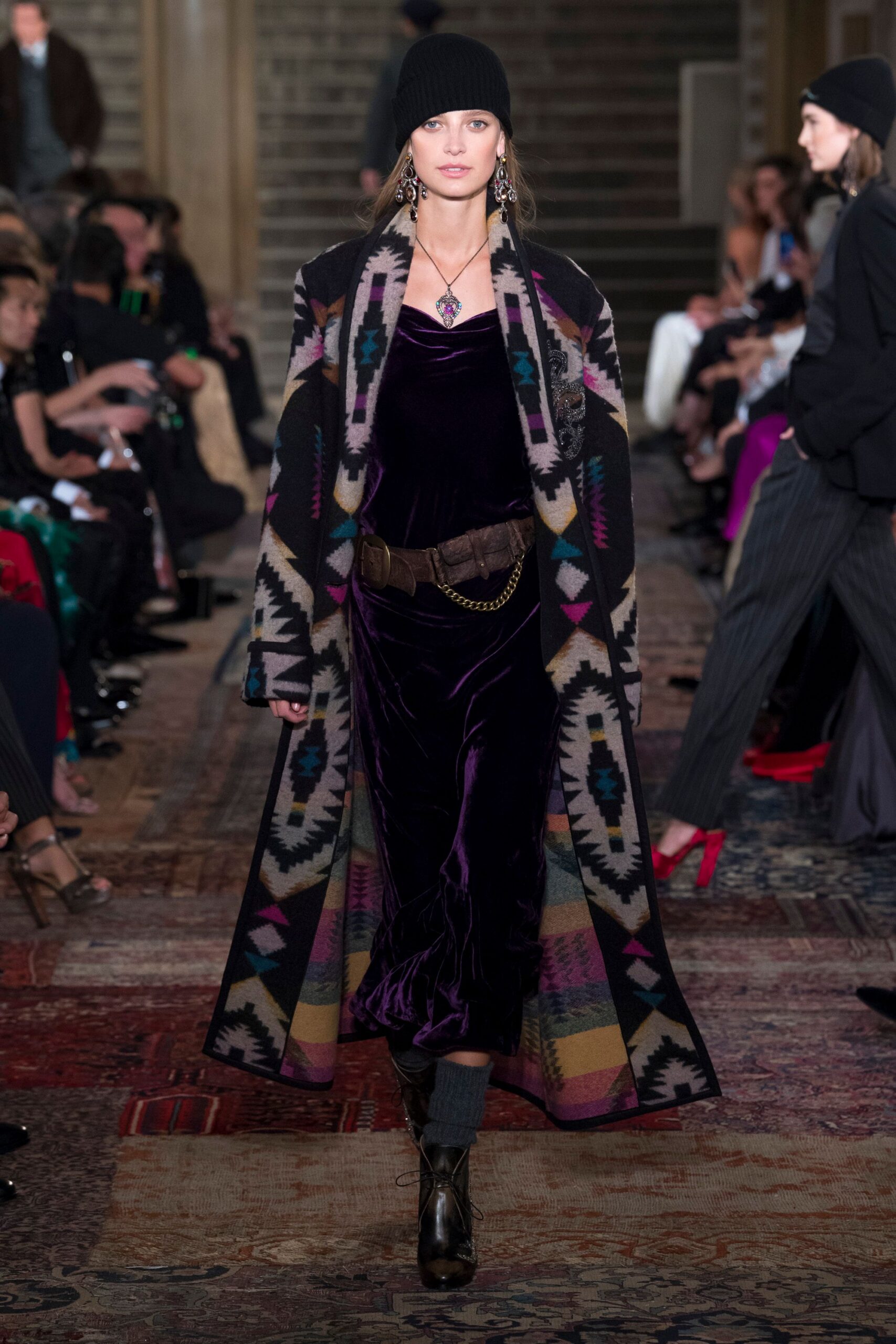 multi wool long-sleeve relaxed printed coat