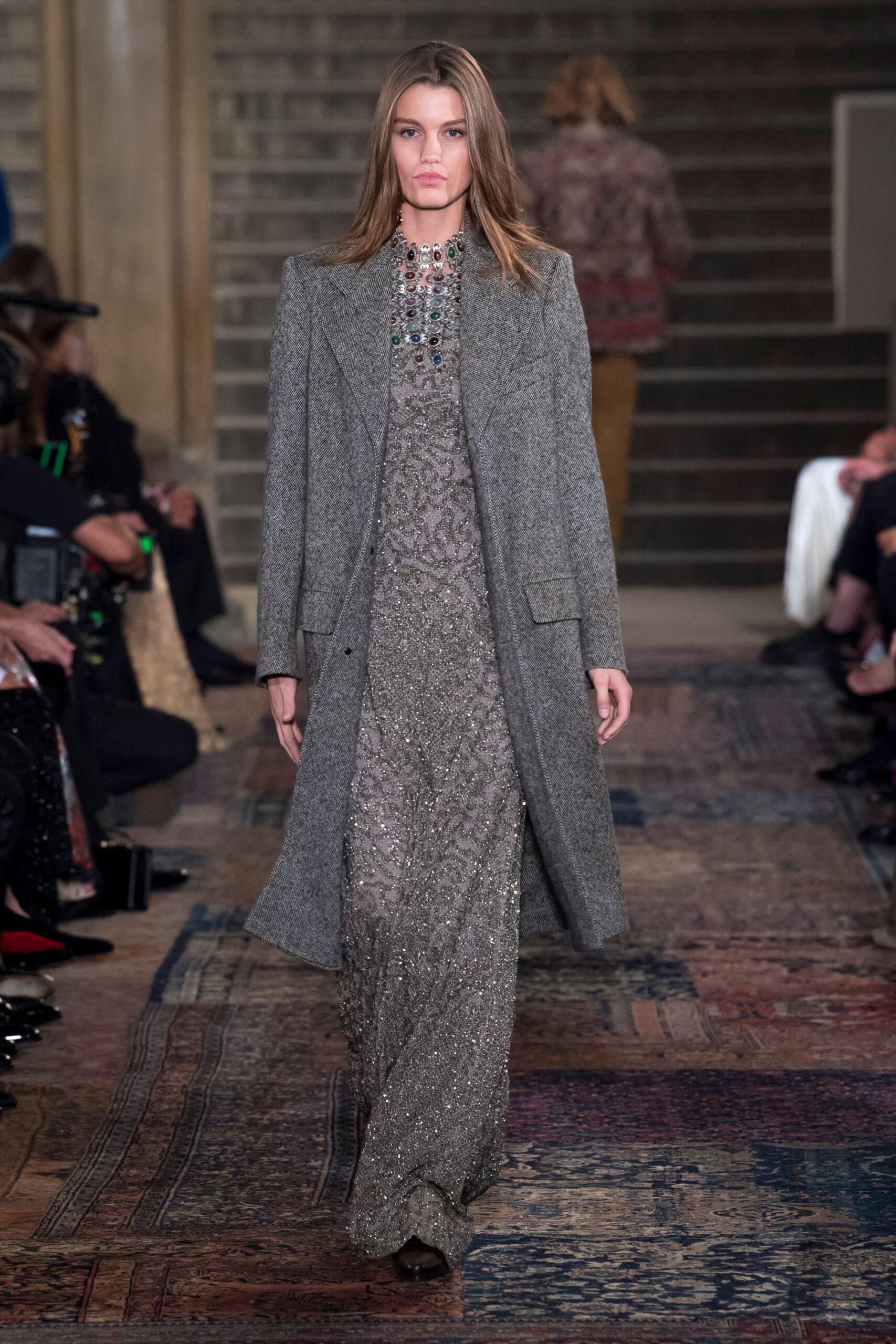 gray silk long-sleeve v-neck fitted sequined shiny gown