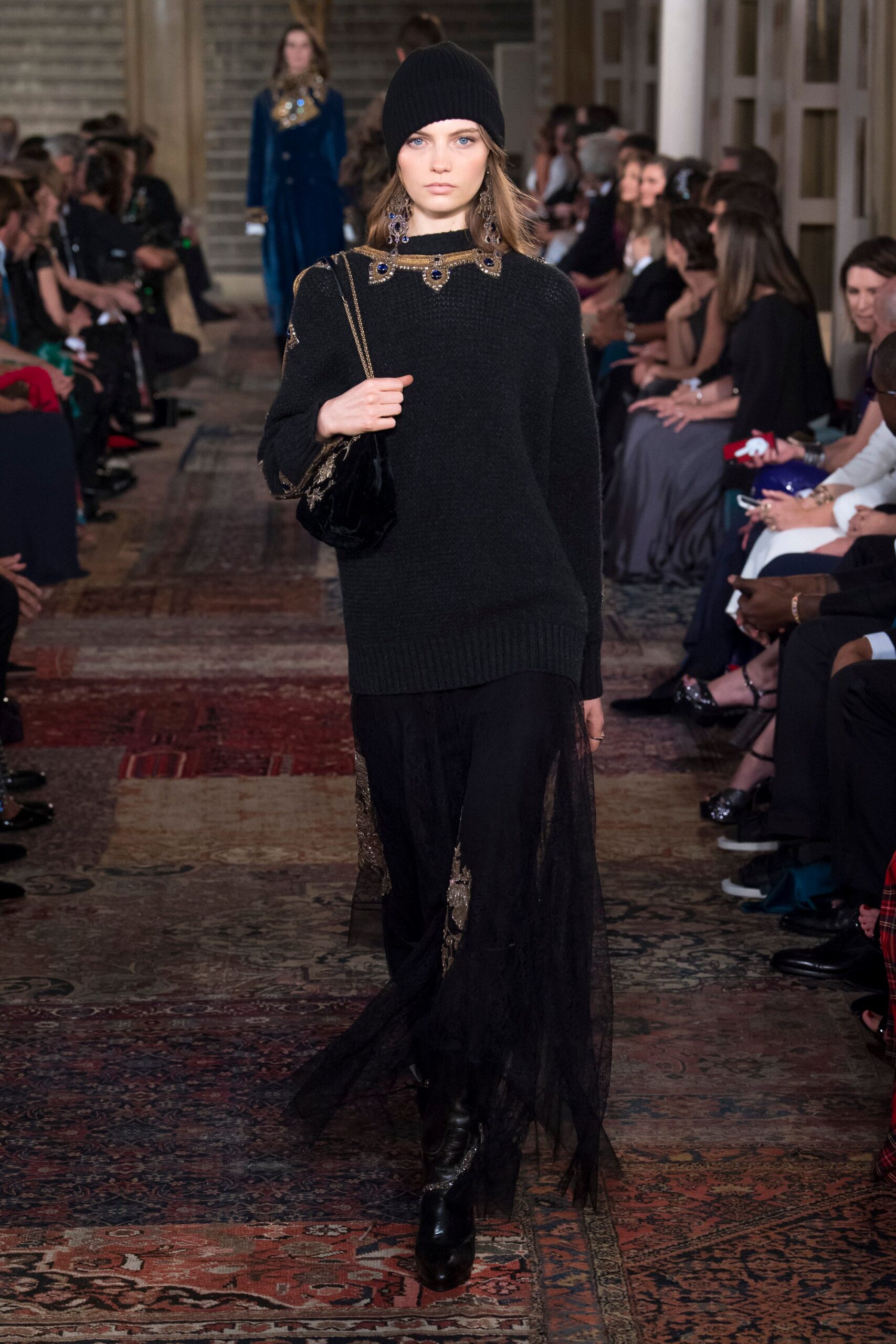 black wool long-sleeve collared relaxed embroidered sweater