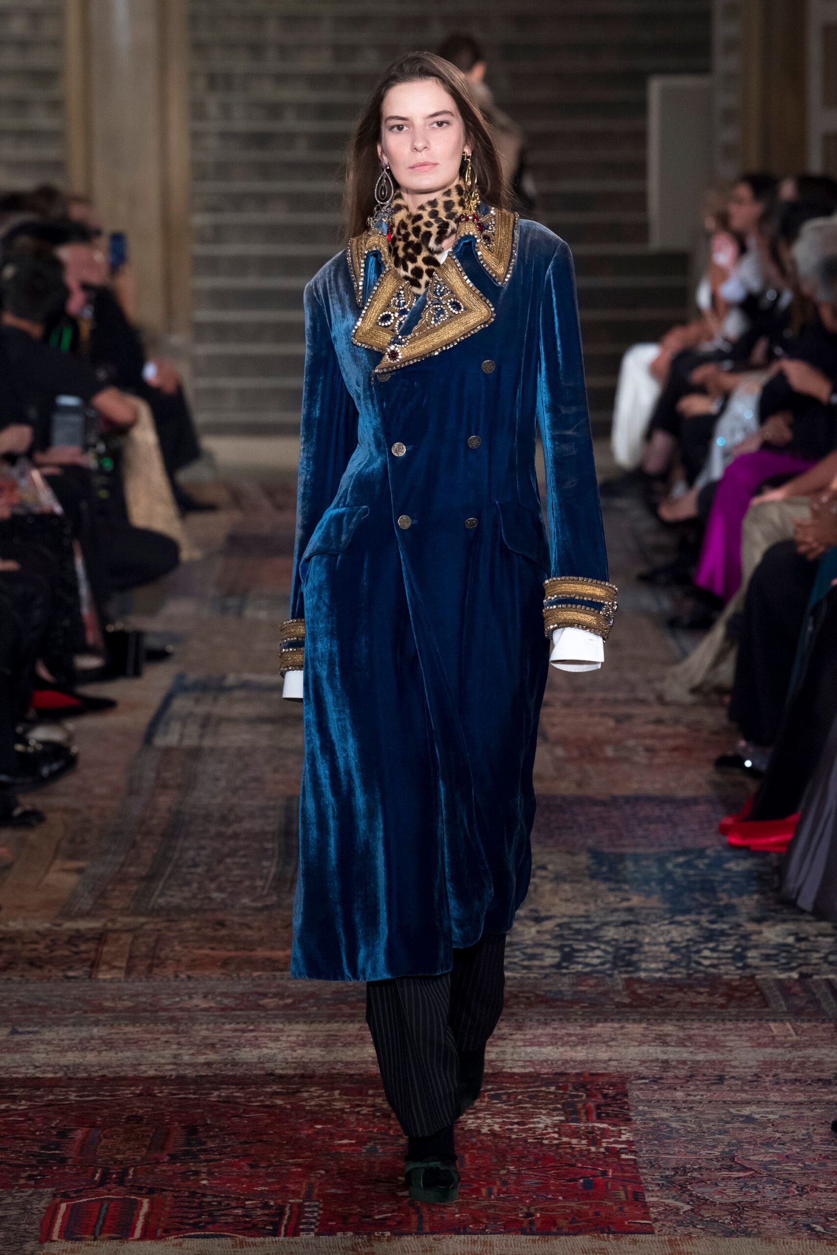 blue velvet long-sleeve collared fitted embroidered pockets coat