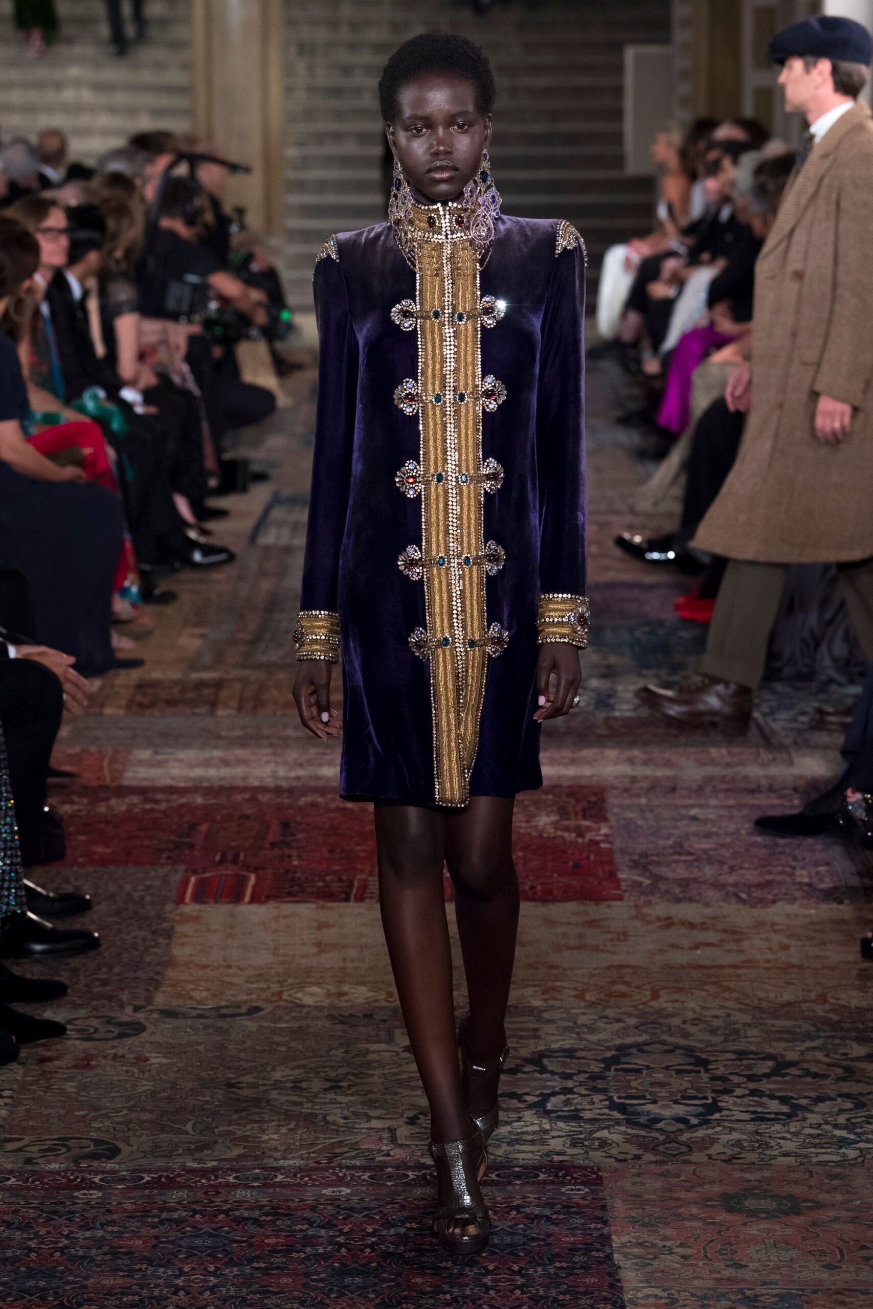 purple velvet long-sleeve collared fitted embroidered buttoned dress