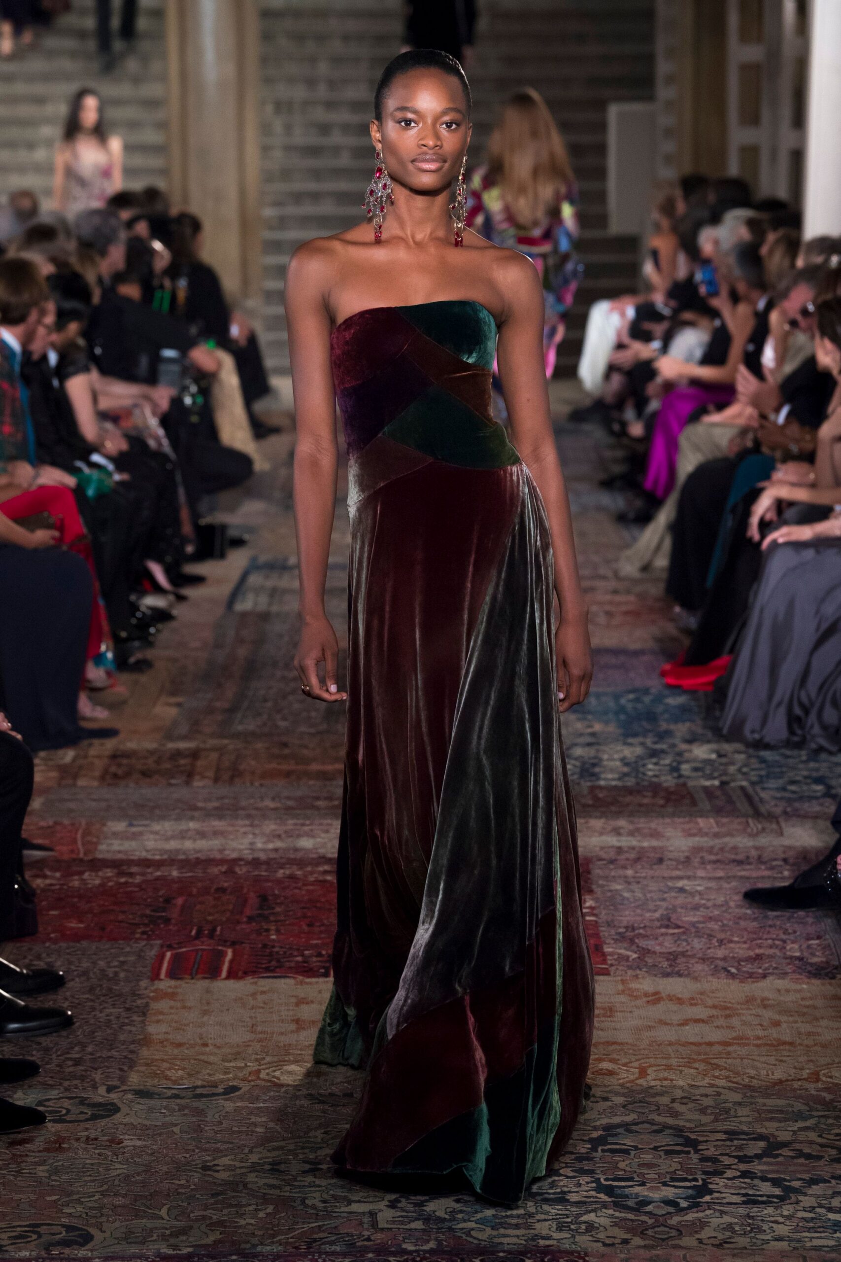strapless velvet layered gown