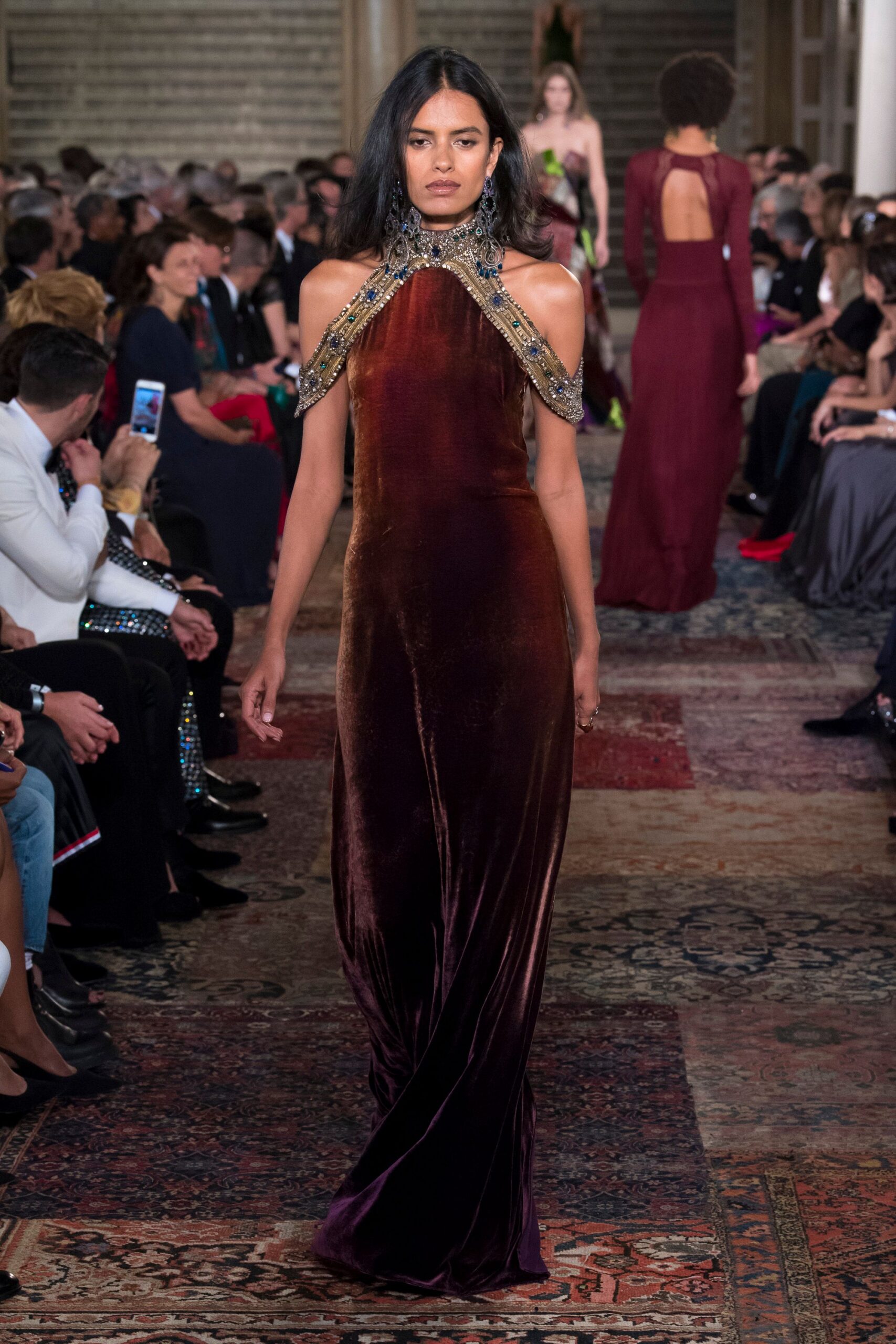 purple velvet sleeveless gown