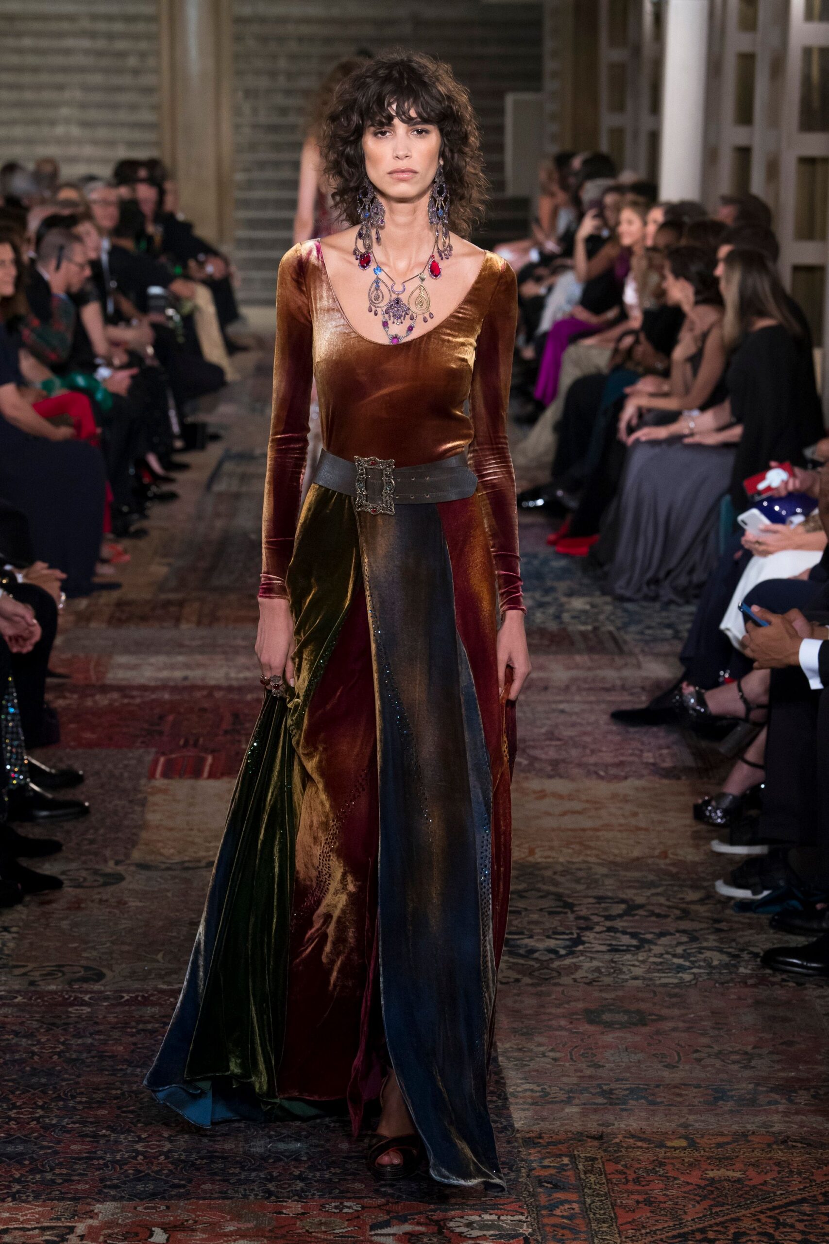 brown velvet long-sleeve v-neck fitted layered pleated gown