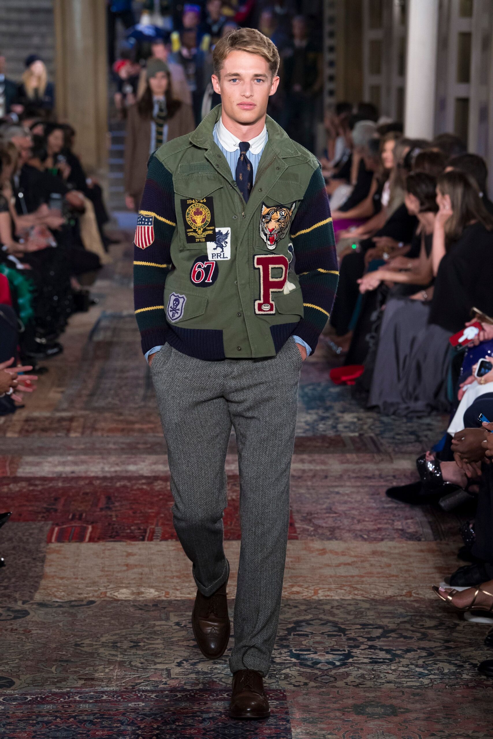 green cotton long-sleeve collared relaxed embroidered layered jacket