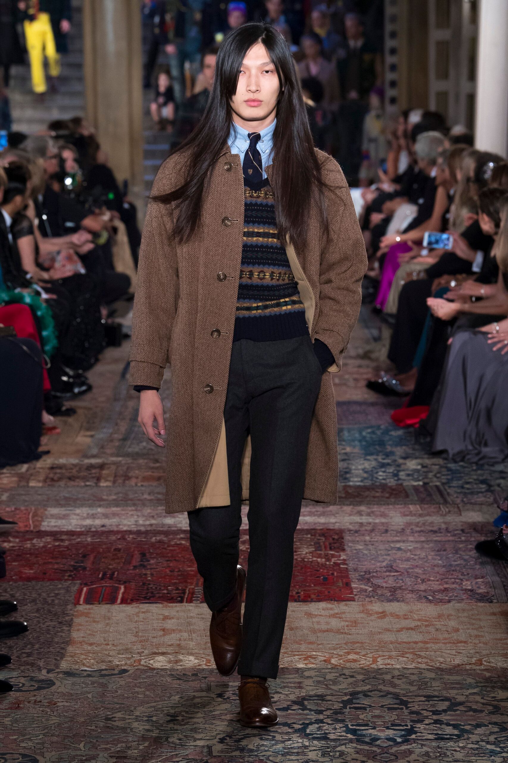 brown wool long-sleeve collared relaxed buttoned coat
