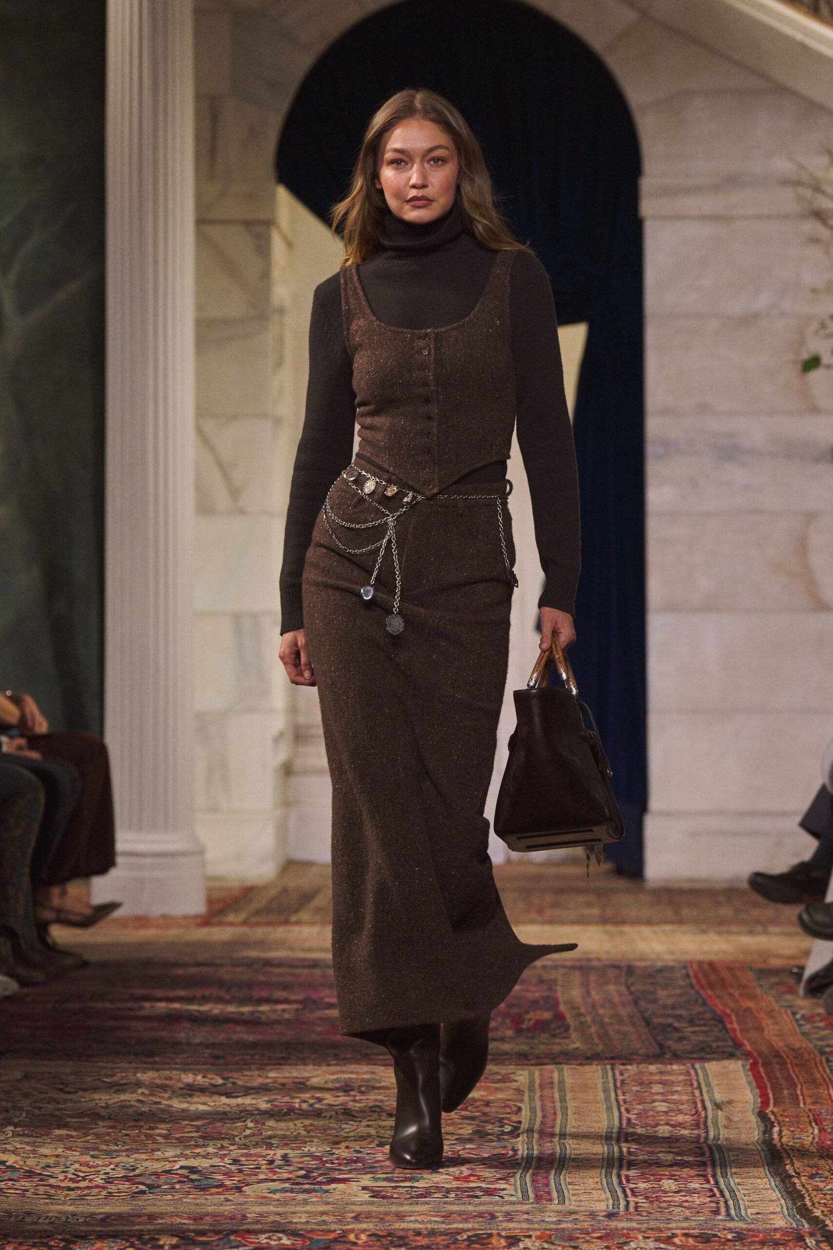 brown wool long-sleeve v-neck fitted pencil belted dress