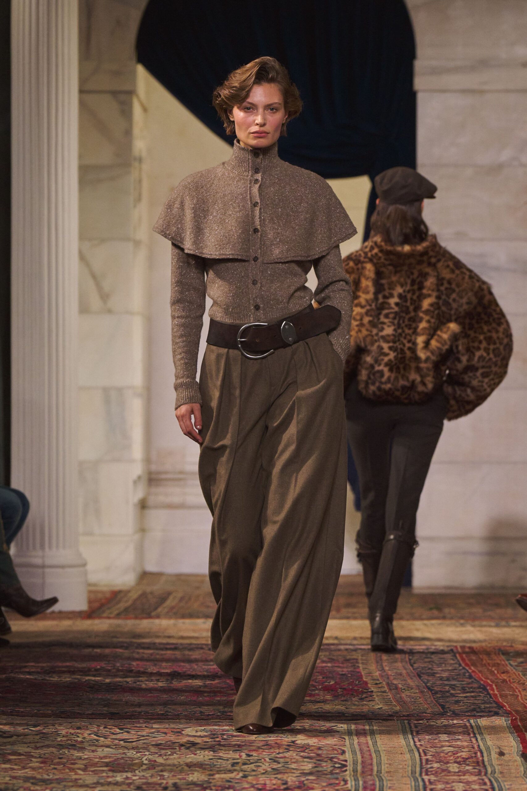 brown wool long-sleeve collared fitted buttoned cardigan