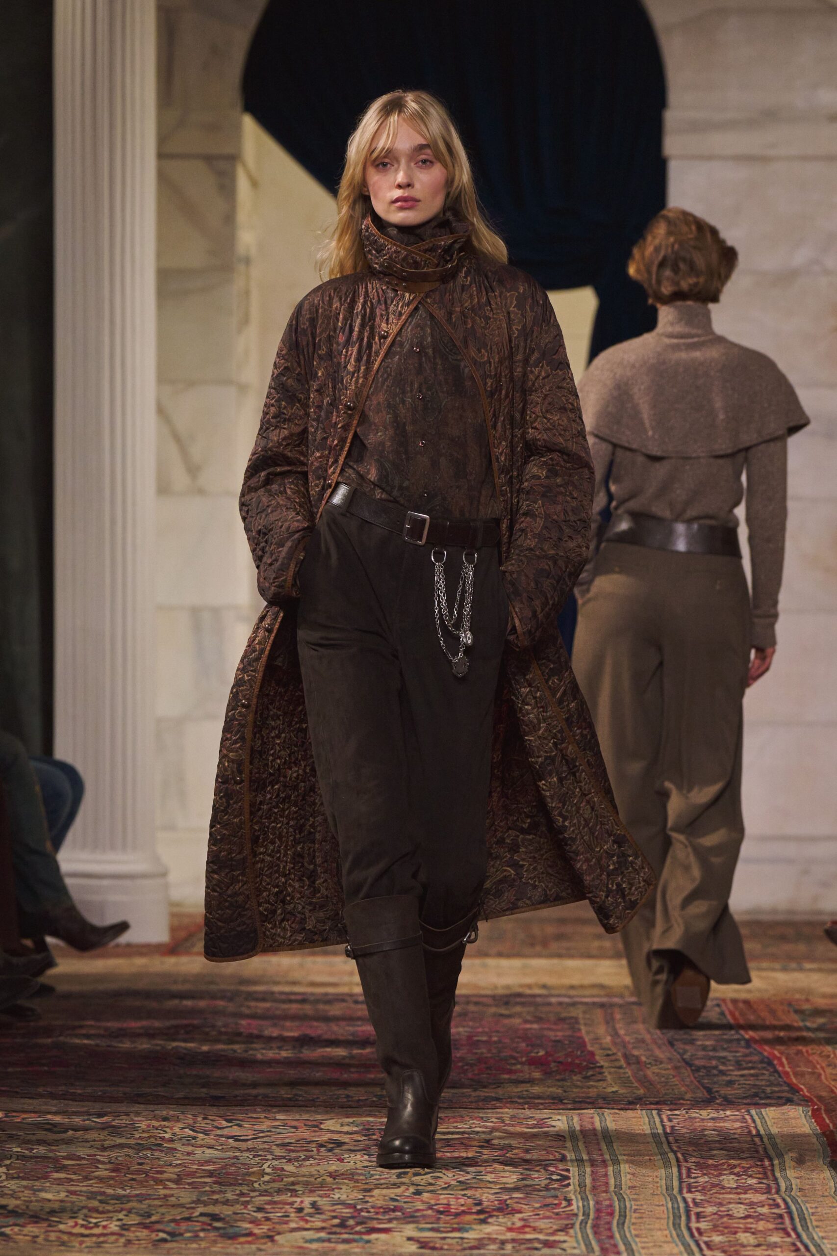 brown velvet long-sleeve collared relaxed textured maxi coat